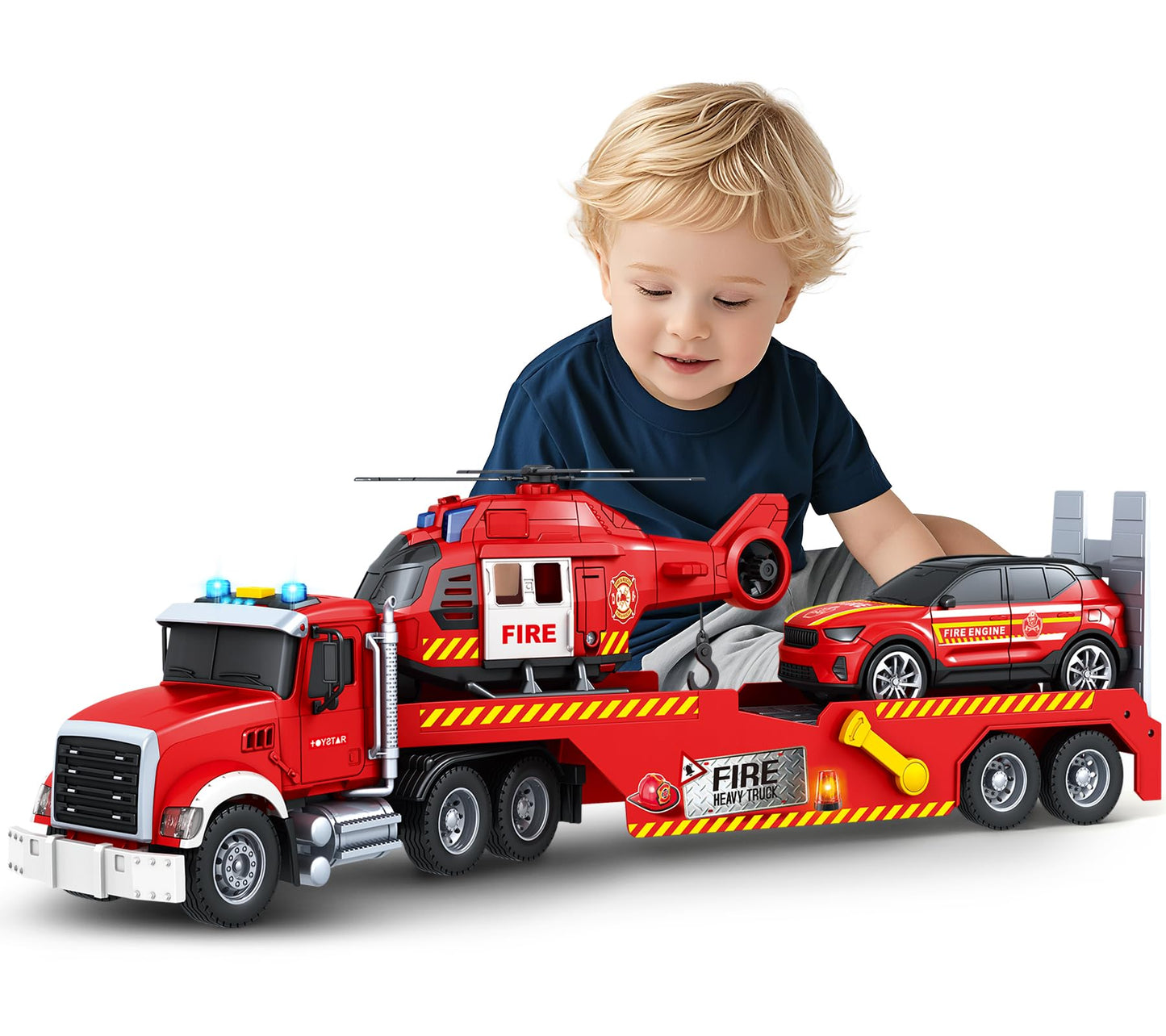 SpringFlower Extra Large Fire Truck Toy — 3-in-1 with Racing Car & Helicopter for Toddlers 3-7