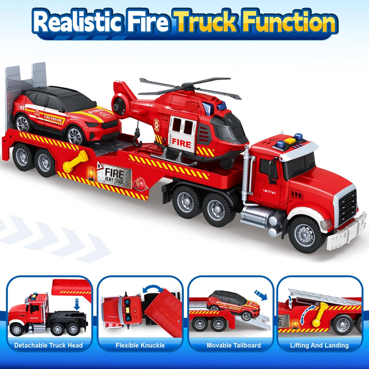 SpringFlower Extra Large Fire Truck Toy — 3-in-1 with Racing Car & Helicopter for Toddlers 3-7