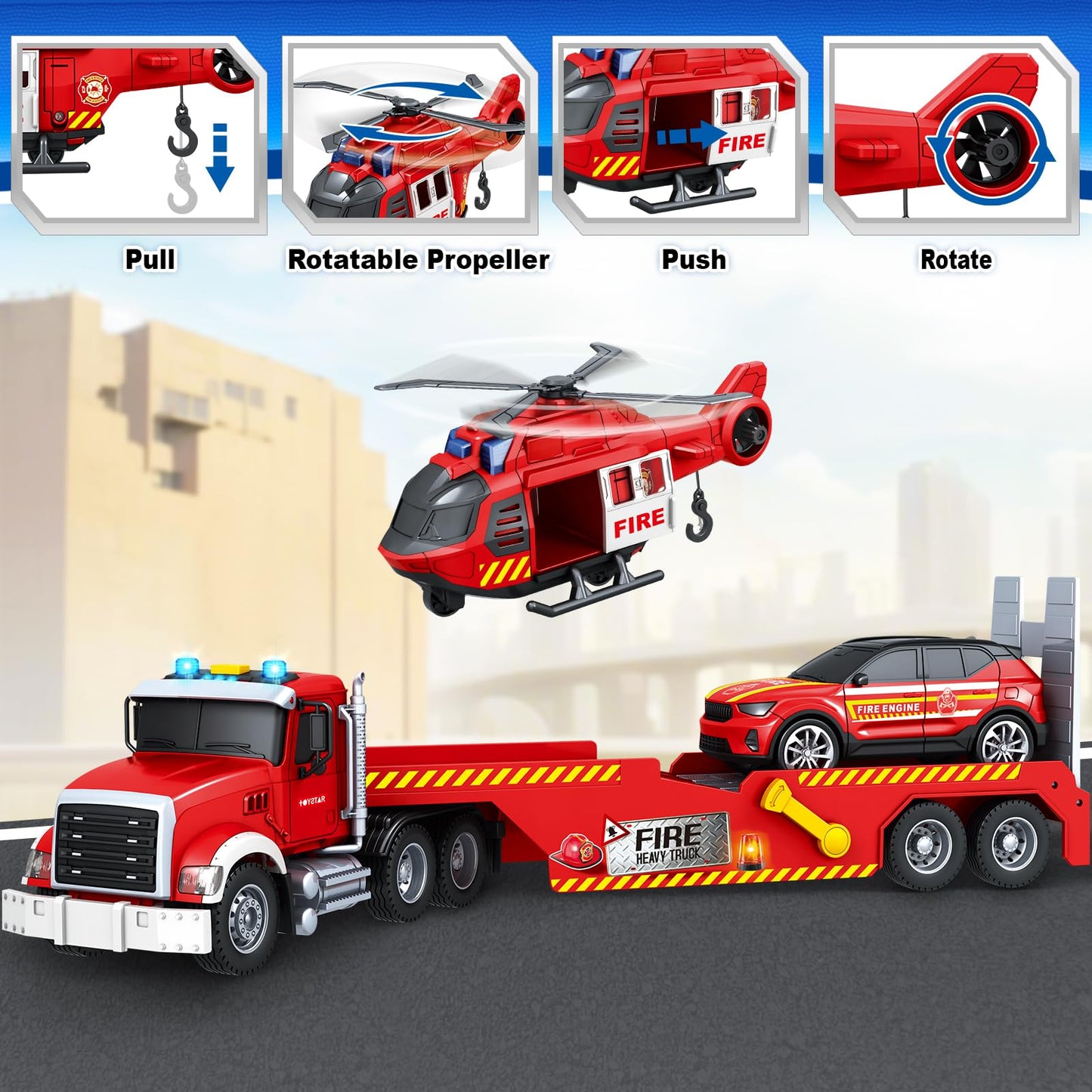 SpringFlower Extra Large Fire Truck Toy — 3-in-1 with Racing Car & Helicopter for Toddlers 3-7