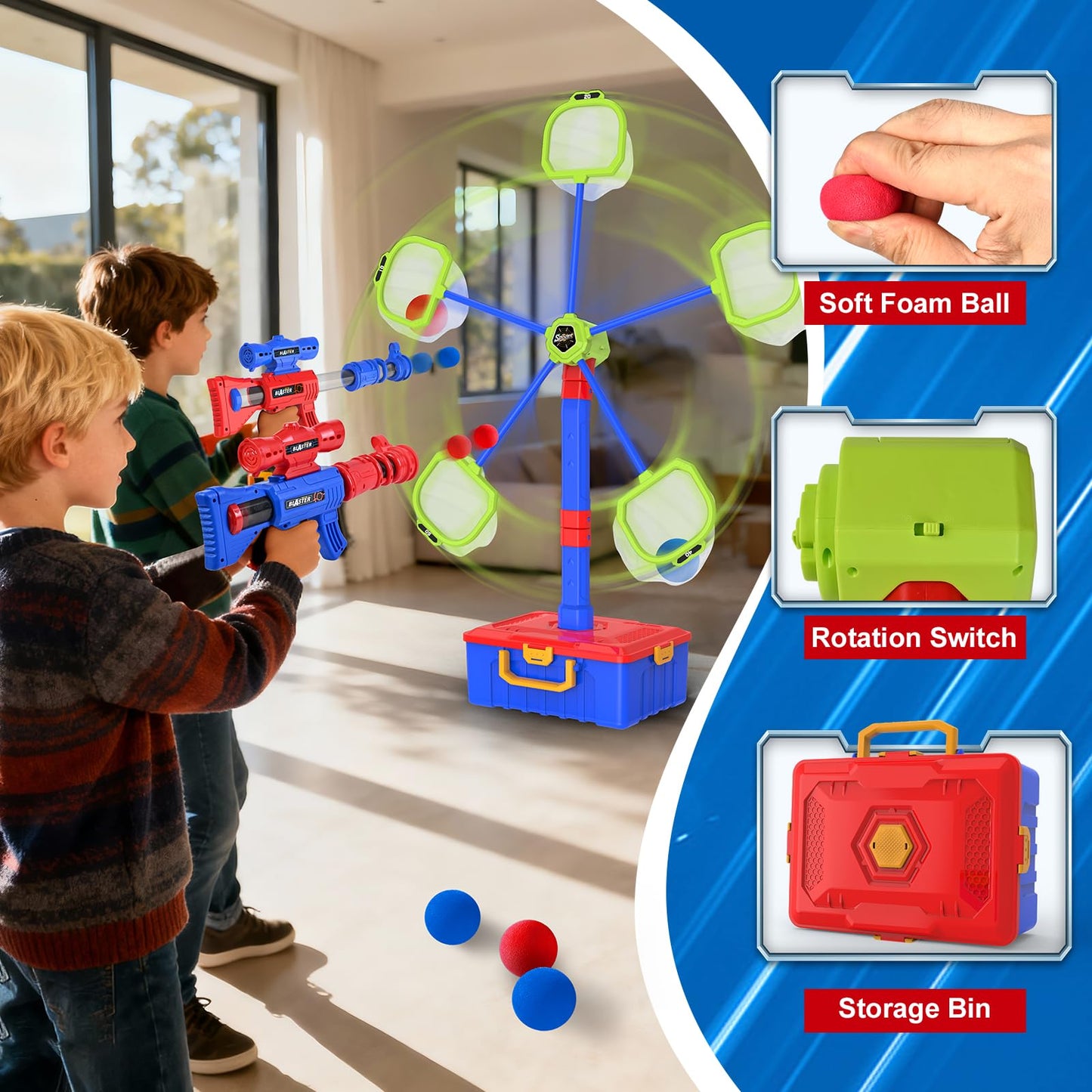 SpringFlower 2-in-1 Shooting Game Toys for Kids | Moving Targets & Foam Ball Guns