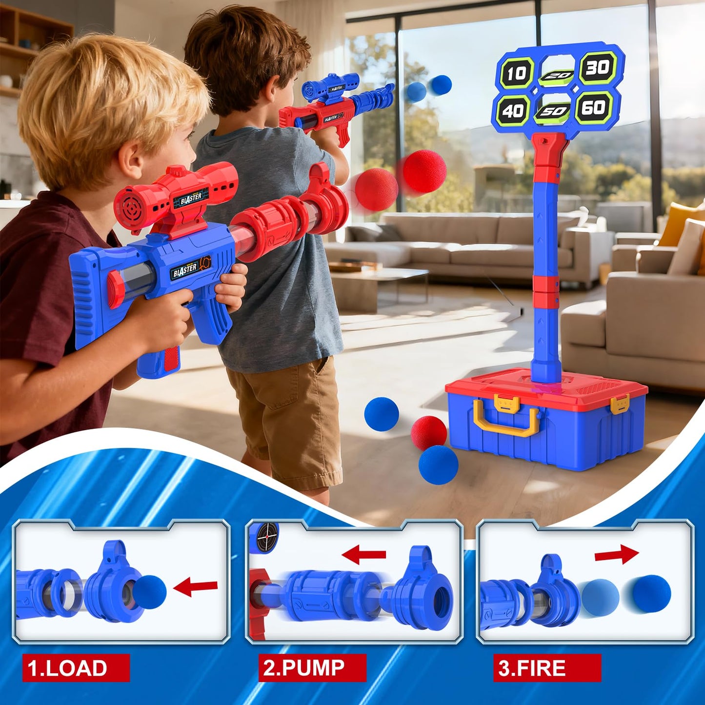 SpringFlower 2-in-1 Shooting Game Toys for Kids | Moving Targets & Foam Ball Guns