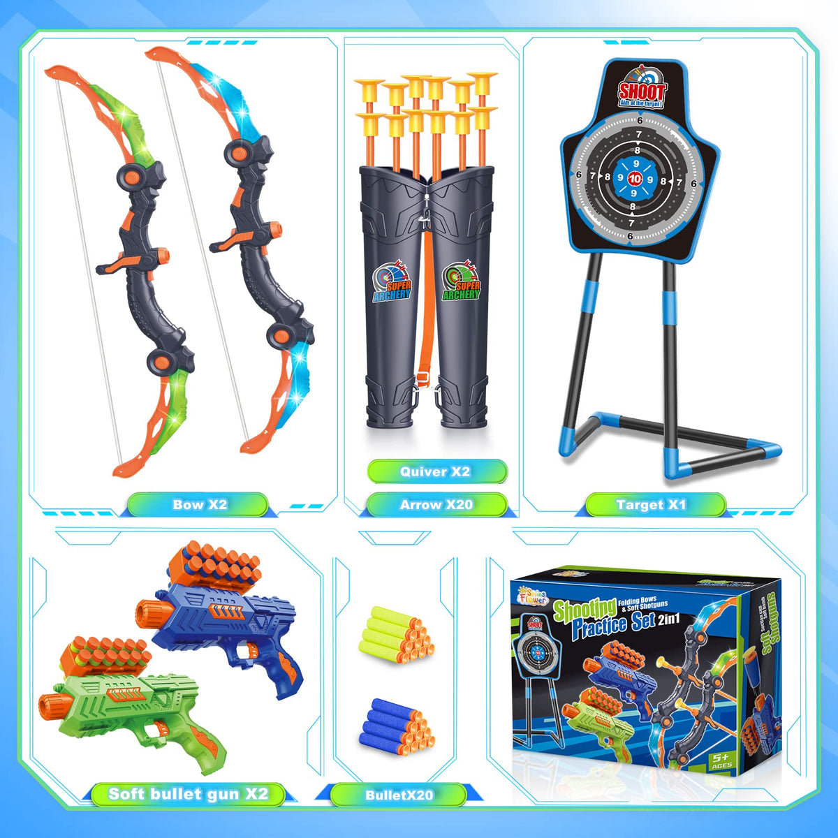 SpringFlower 2 Bow & Arrow Archery Set with LED Lights – Indoor/Outdoor Kids Play