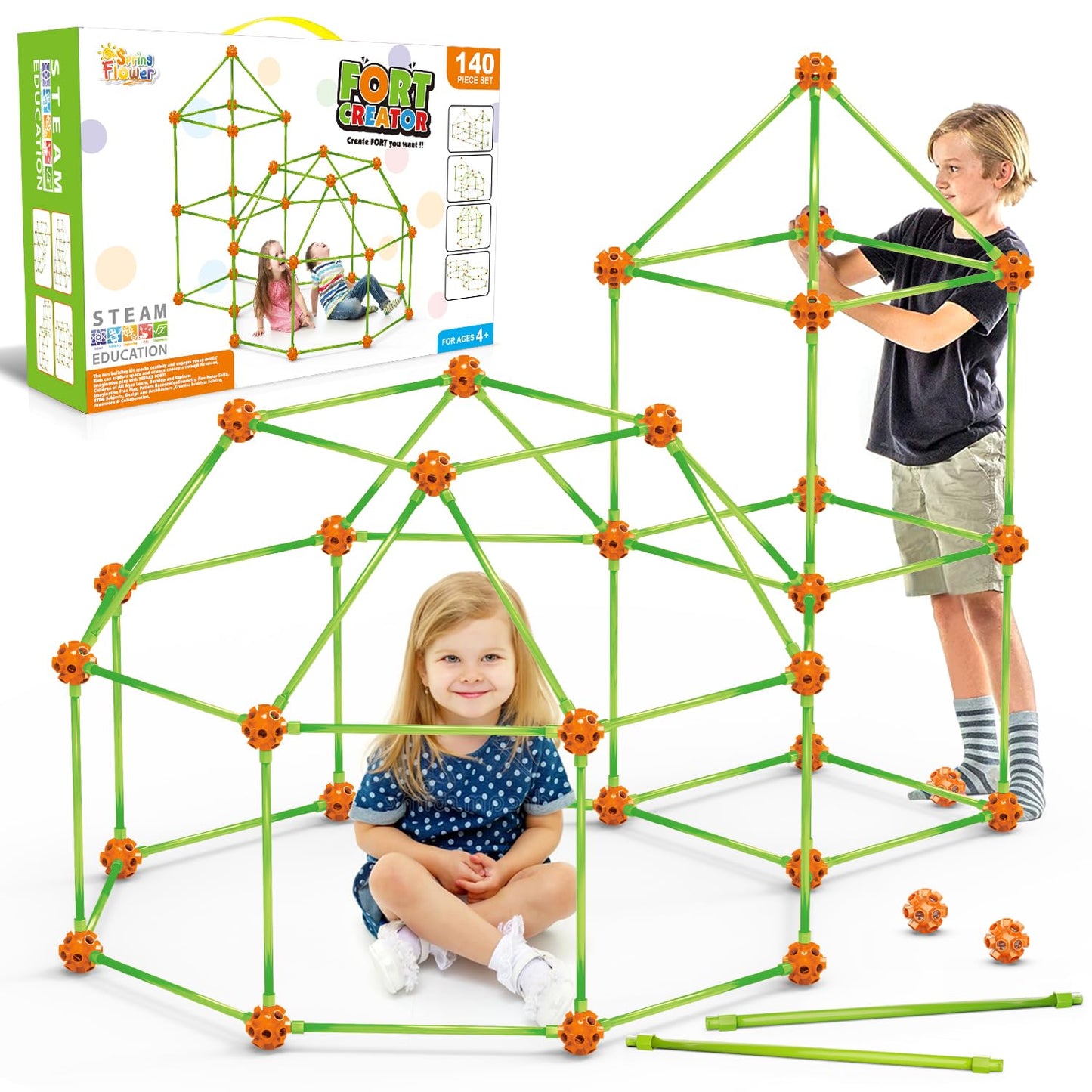 SpringFlower Fort Building Kit for Kids – 140-Piece STEM Construction Toy (Indoor & Outdoor)