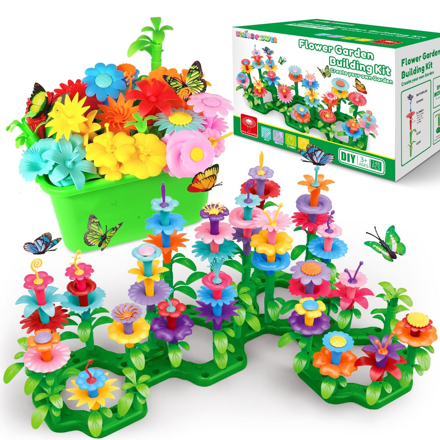 SpringFlower Flower Garden Building Kit for Girls 3-7 — 148pcs STEM Toy with Storage Case