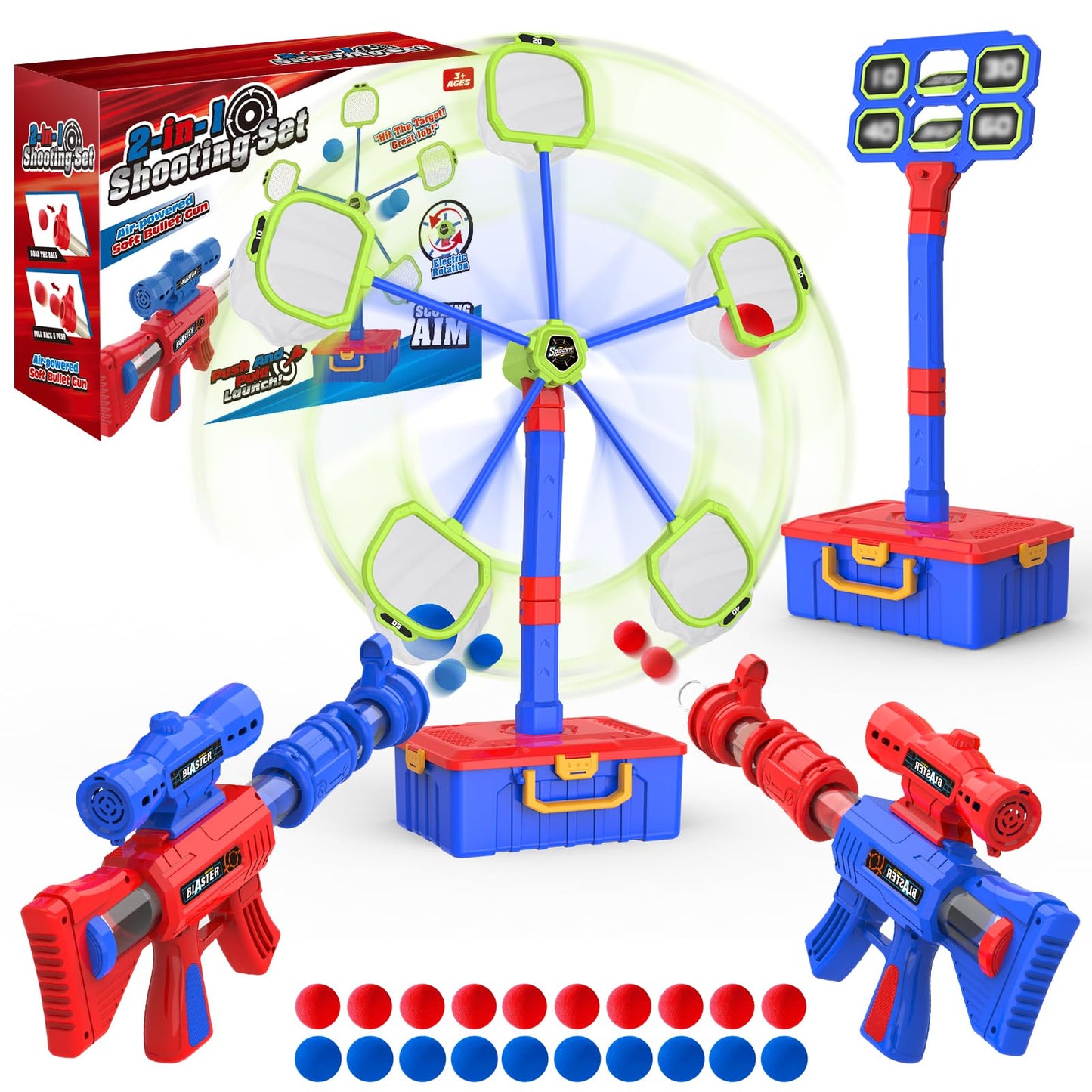 SpringFlower 2-in-1 Shooting Game Toys for Kids | Moving Targets & Foam Ball Guns