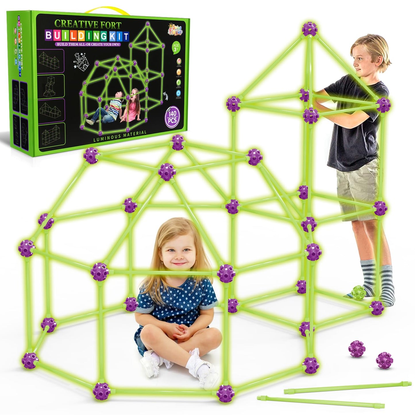 SpringFlower Glow In The Dark Fort Building Kit – 140 Pcs, STEM Construction Toy for Kids