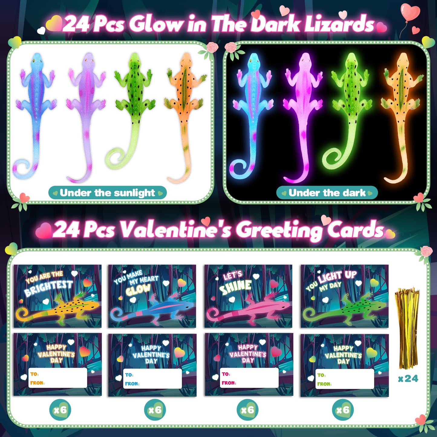 SpringFlower Valentines Day Cards for Kids — 24 Glow-in-the-Dark Lizard Set