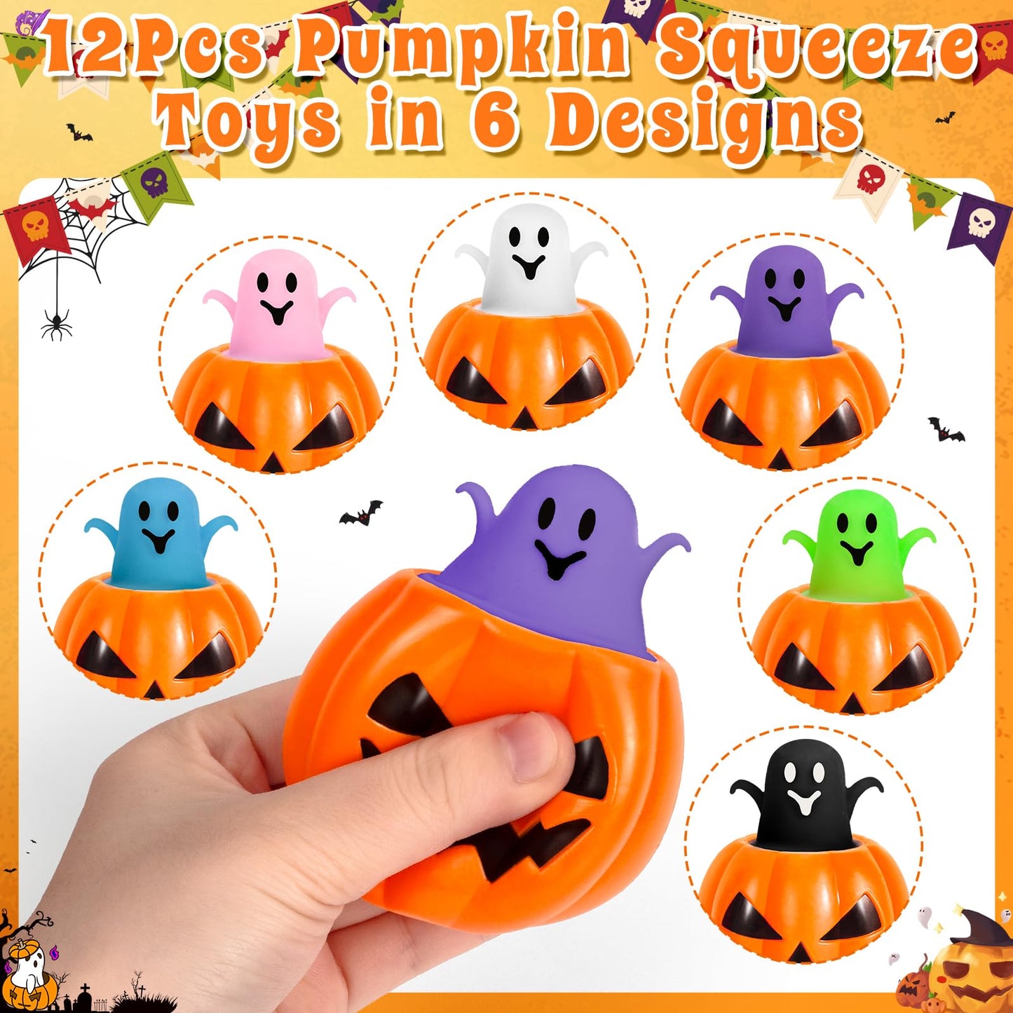 SpringFlower 12Pcs Halloween Pumpkin Squishy Toys – Ghost Pop-Out
