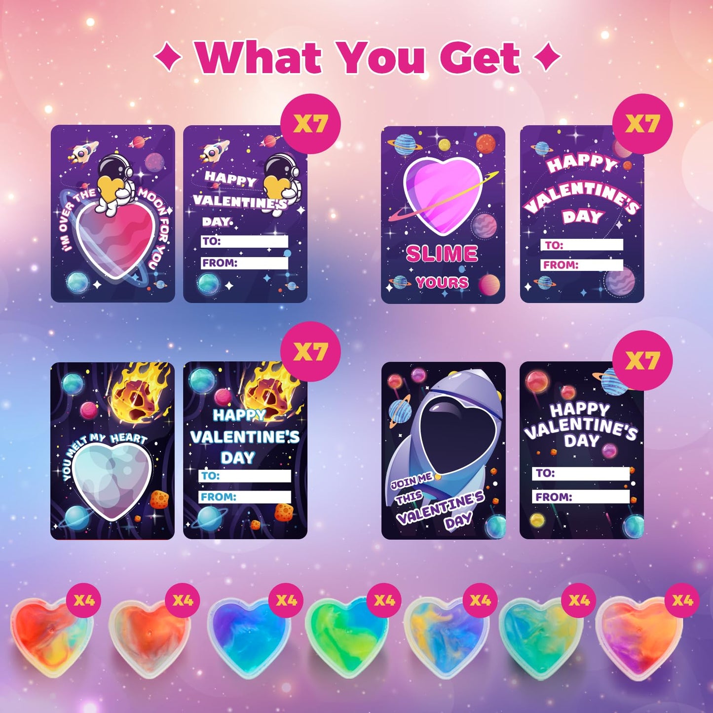 SpringFlower 28-Pack Valentine Cards with Galaxy Slime Kit – Classroom Gifts