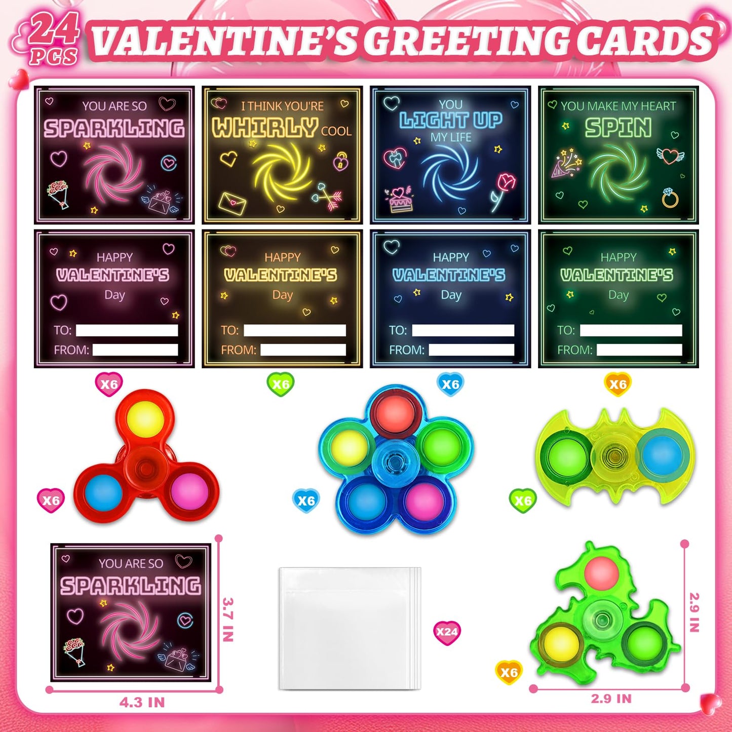 SpringFlower Valentines Day Gifts for Kids – 24 Pack Cards with Light Up Rings & Fidget Spinner Toys