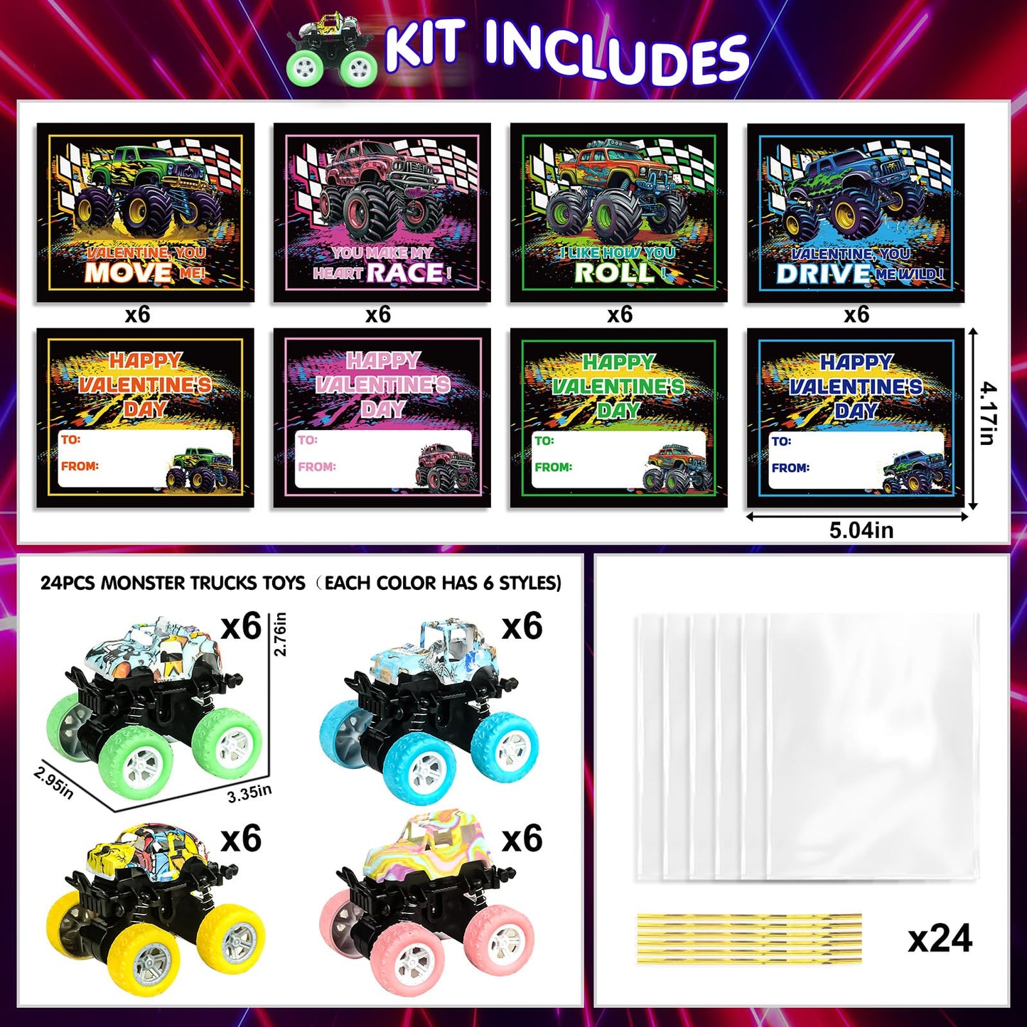 SpringFlower 24-Pack Valentines Cards with Monster Truck Toy – Classroom Gift Set for Kids