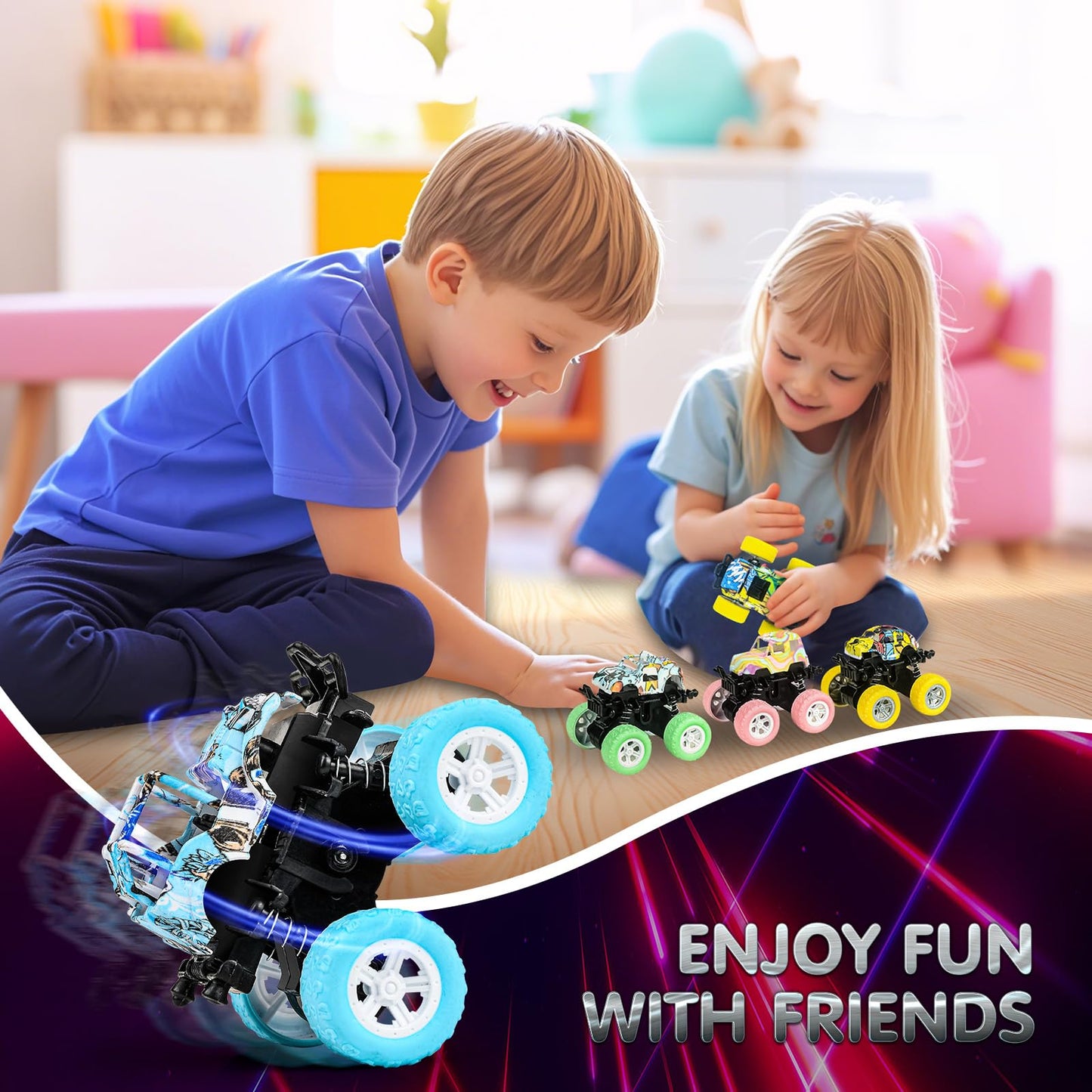 SpringFlower 24-Pack Valentines Cards with Monster Truck Toy – Classroom Gift Set for Kids