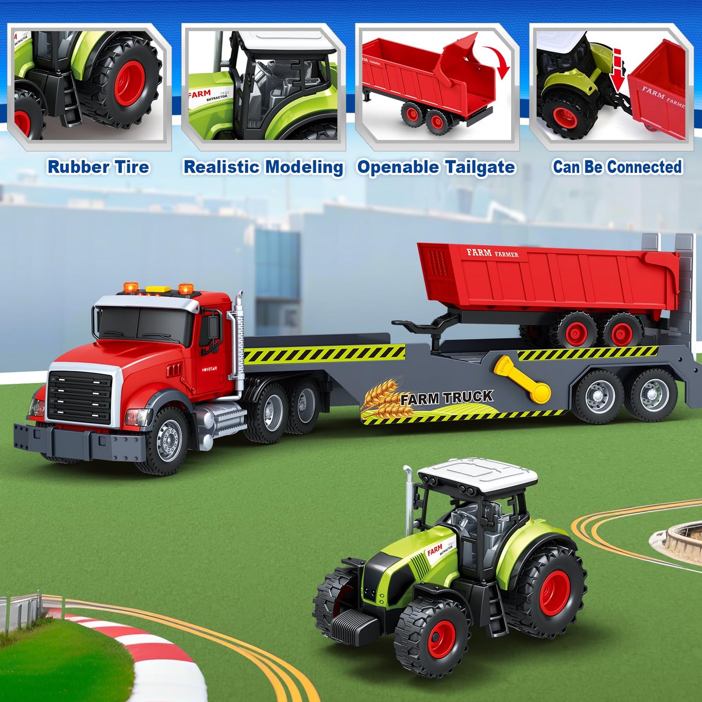 SpringFlower 21-Inch Extra Large Truck Toy with Tractor & Dump Truck | 3-in-1 Sounds & Lights