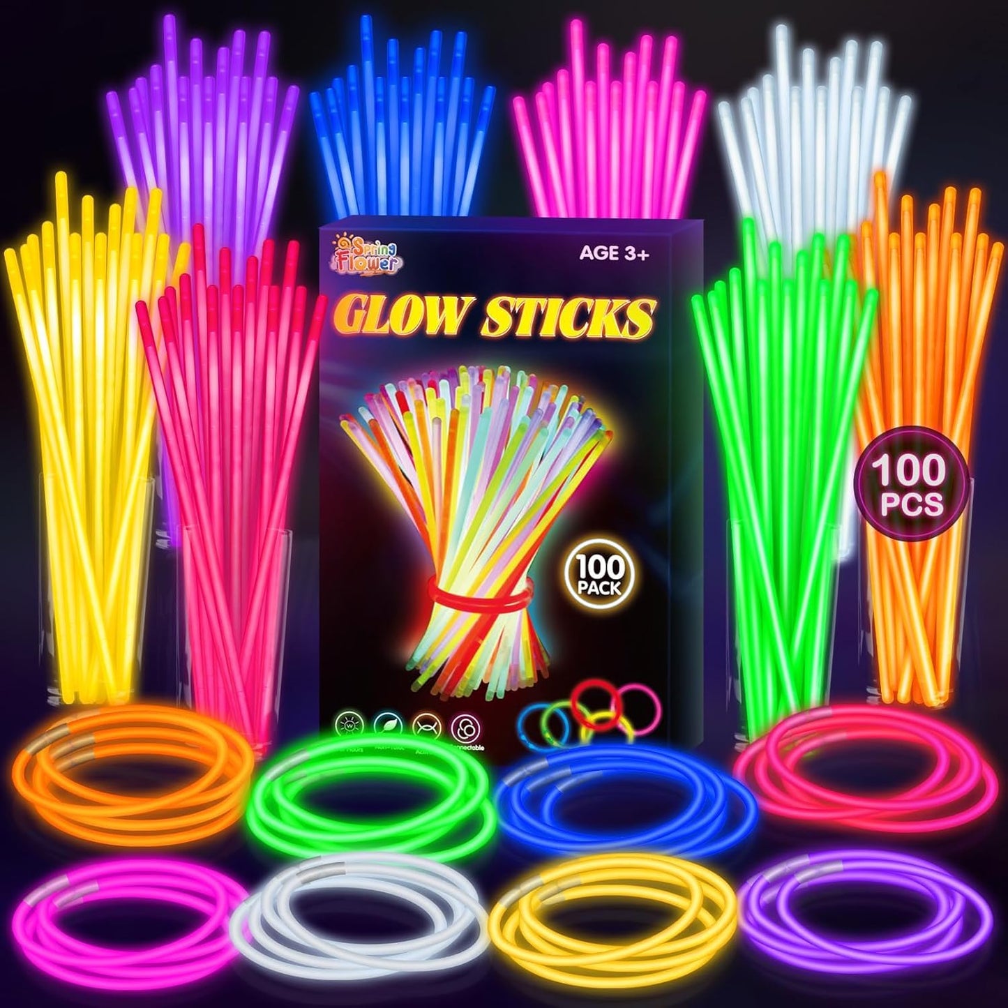 SpringFlower 100 PCS Glow Sticks Bulk – 8-Inch Glow in the Dark Party Favors for Kids & Adults