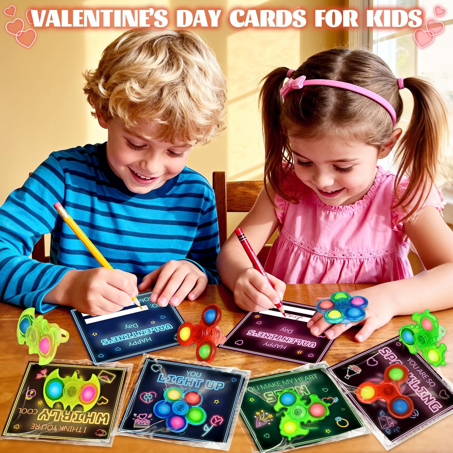 SpringFlower Valentines Day Gifts for Kids – 24 Pack Cards with Light Up Rings & Fidget Spinner Toys