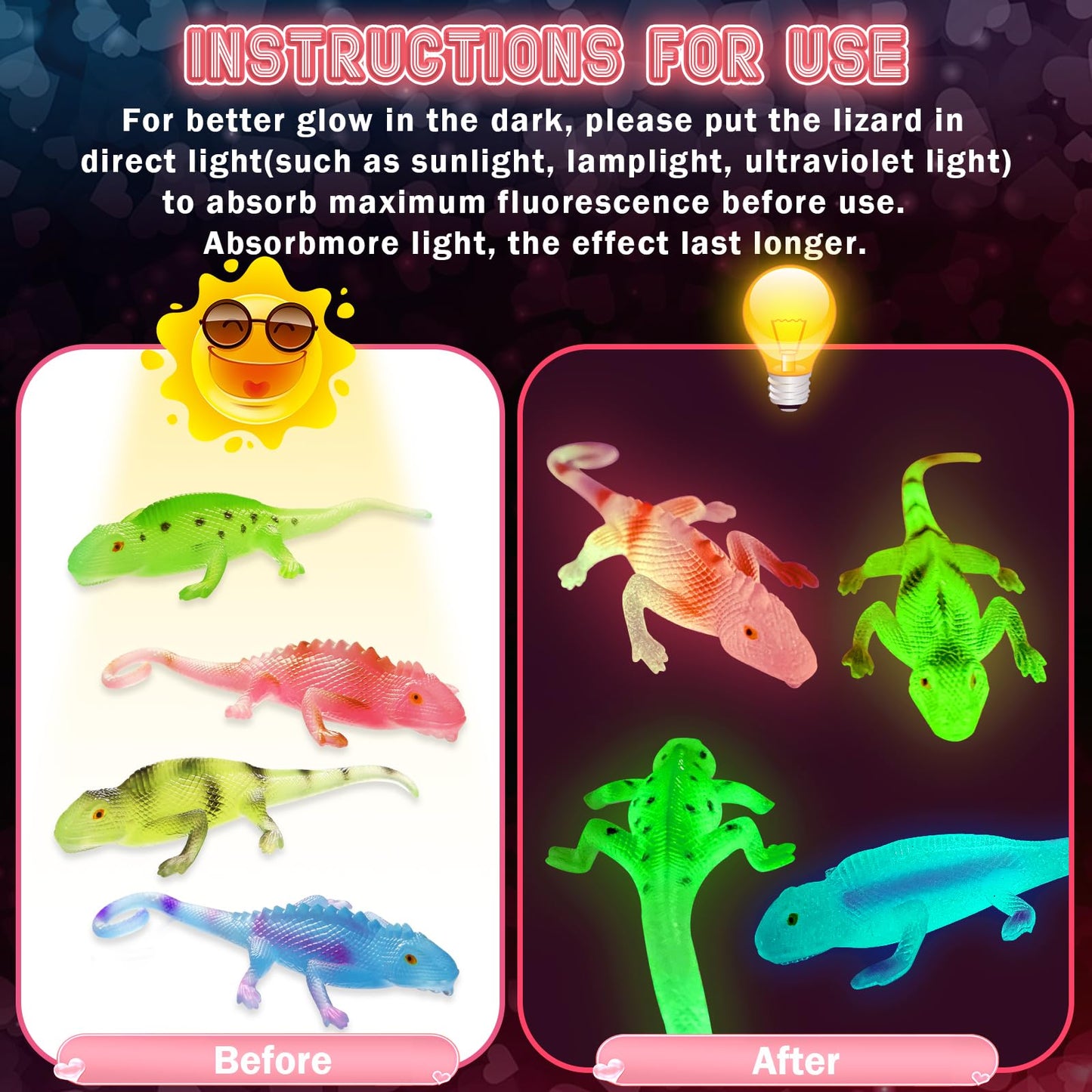 SpringFlower 24-Pack Valentines Gift Cards with Glow-in-the-Dark Lizards – Classroom Favors & Party Prizes