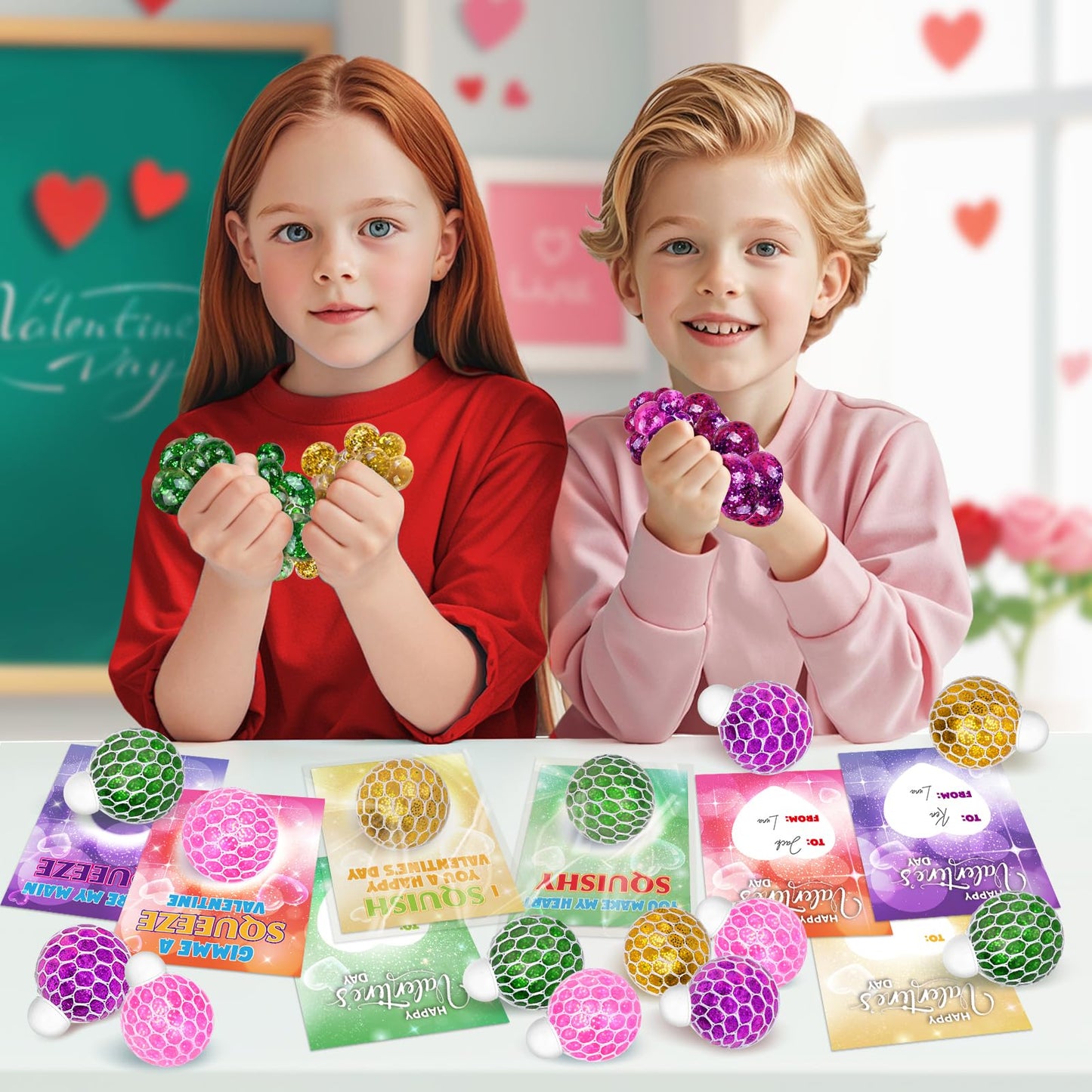 SpringFlower 24-Pack Valentines Day Cards with Squeeze Ball – Classroom Gift Set