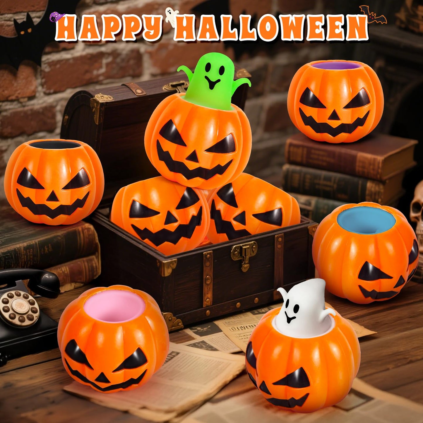 SpringFlower 12Pcs Halloween Pumpkin Squishy Toys – Ghost Pop-Out