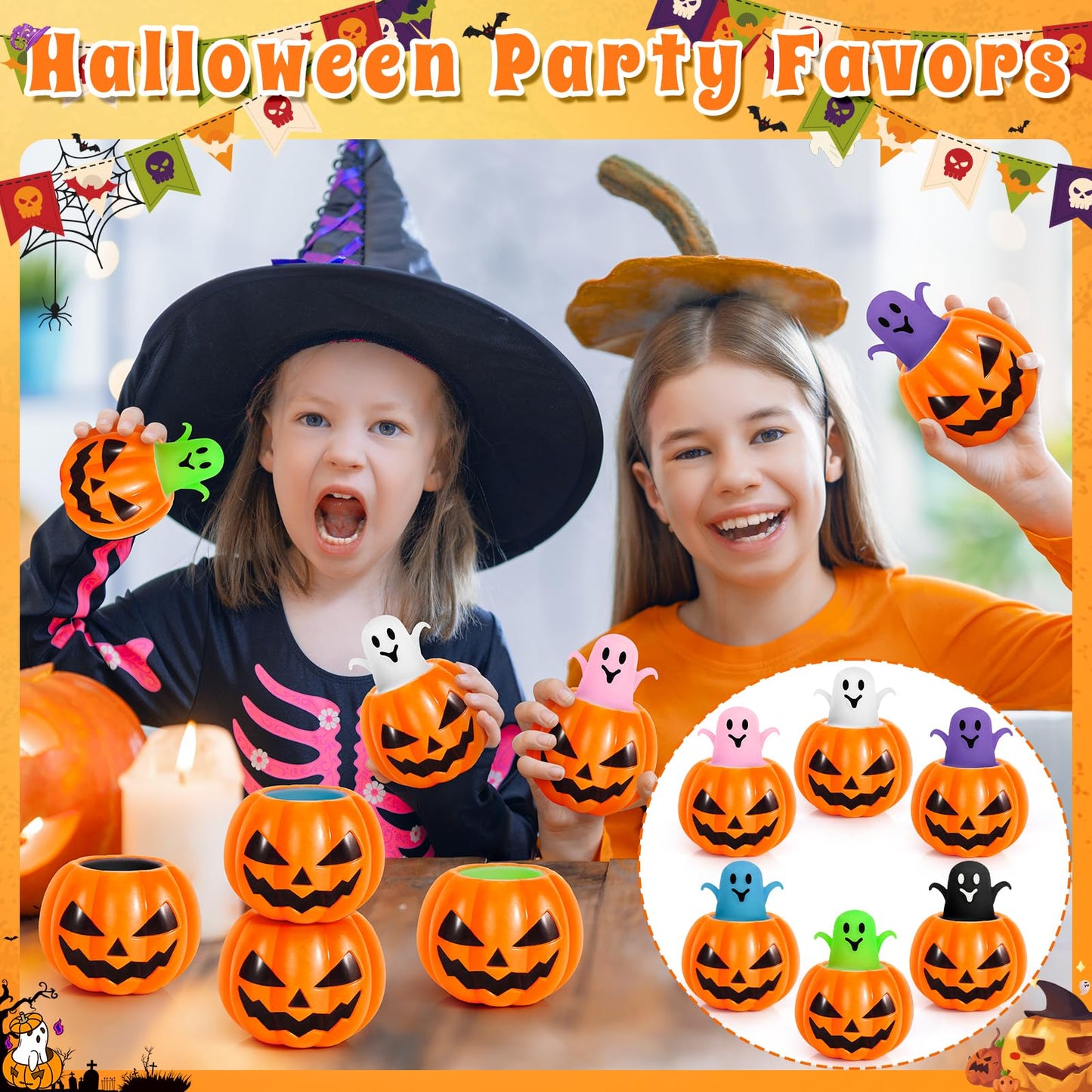SpringFlower 12Pcs Halloween Pumpkin Squishy Toys – Ghost Pop-Out