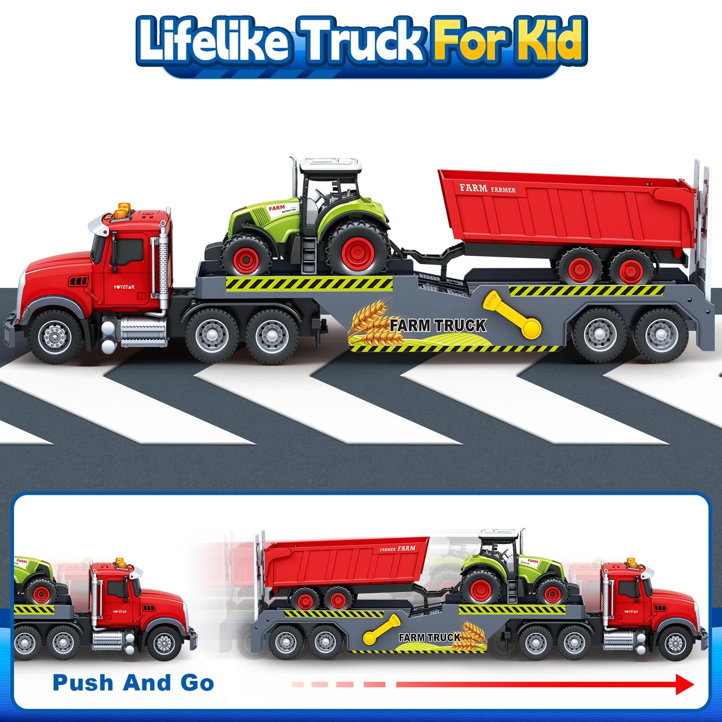 SpringFlower 21-Inch Extra Large Truck Toy with Tractor & Dump Truck | 3-in-1 Sounds & Lights