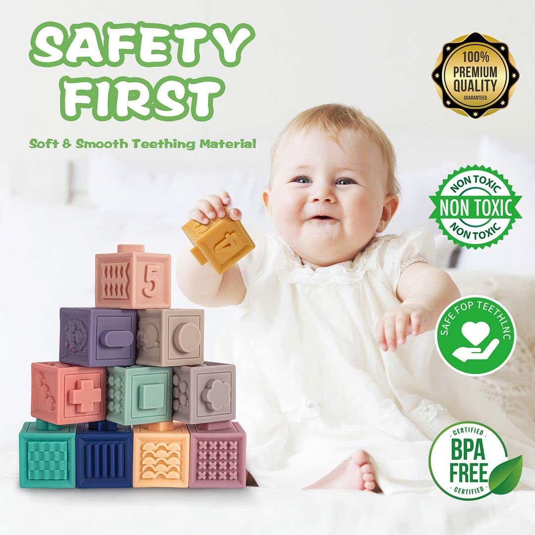 SpringFlower 3-in-1 Montessori Toys for Babies 0-3-6-12 Months | Teething, Stacking & Sensory Blocks