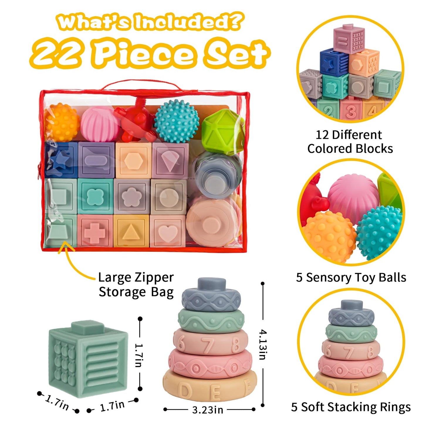 SpringFlower 3-in-1 Montessori Toys for Babies 0-3-6-12 Months | Teething, Stacking & Sensory Blocks