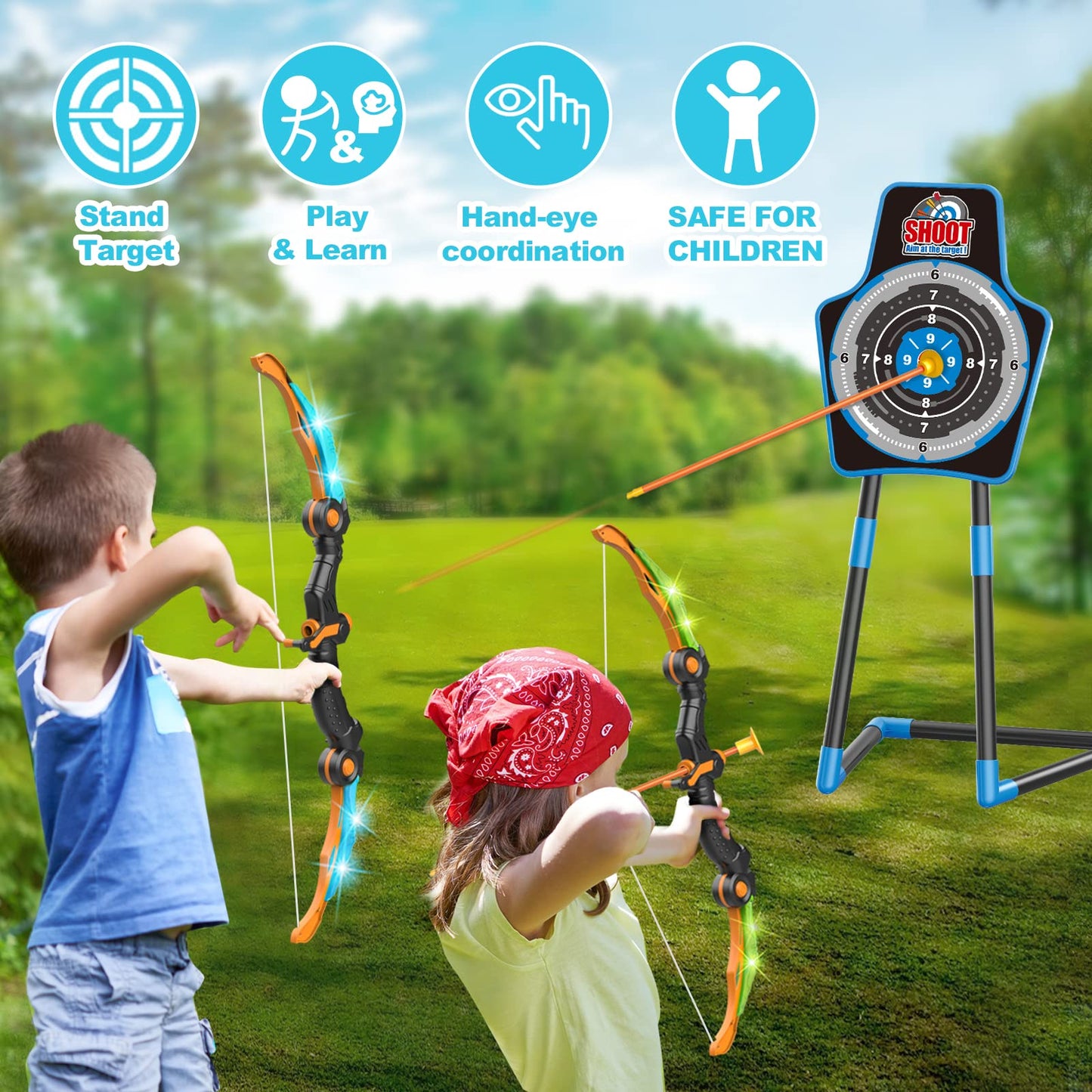 SpringFlower 2 Bow & Arrow Archery Set with LED Lights – Indoor/Outdoor Kids Play