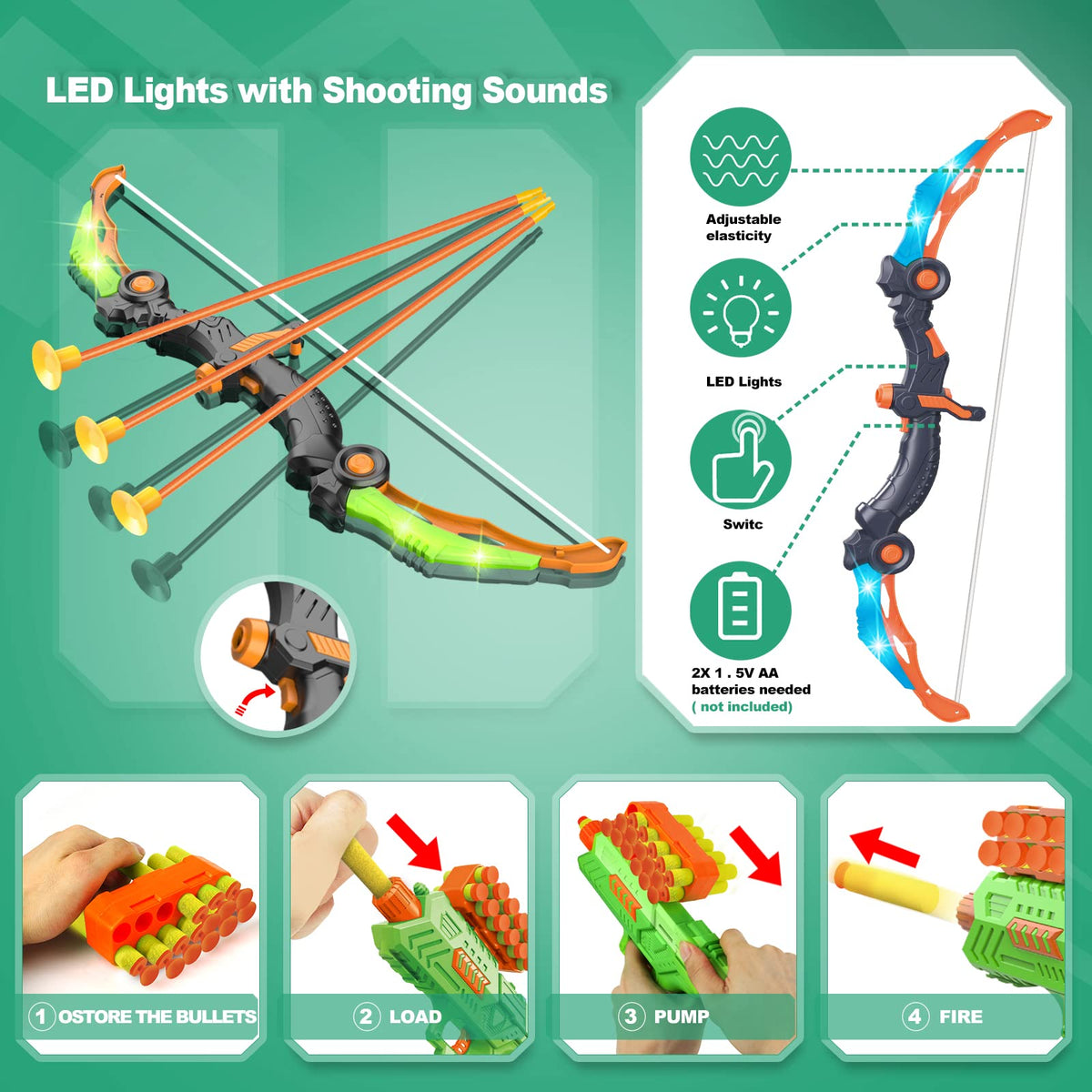 SpringFlower 2 Bow & Arrow Archery Set with LED Lights – Indoor/Outdoor Kids Play