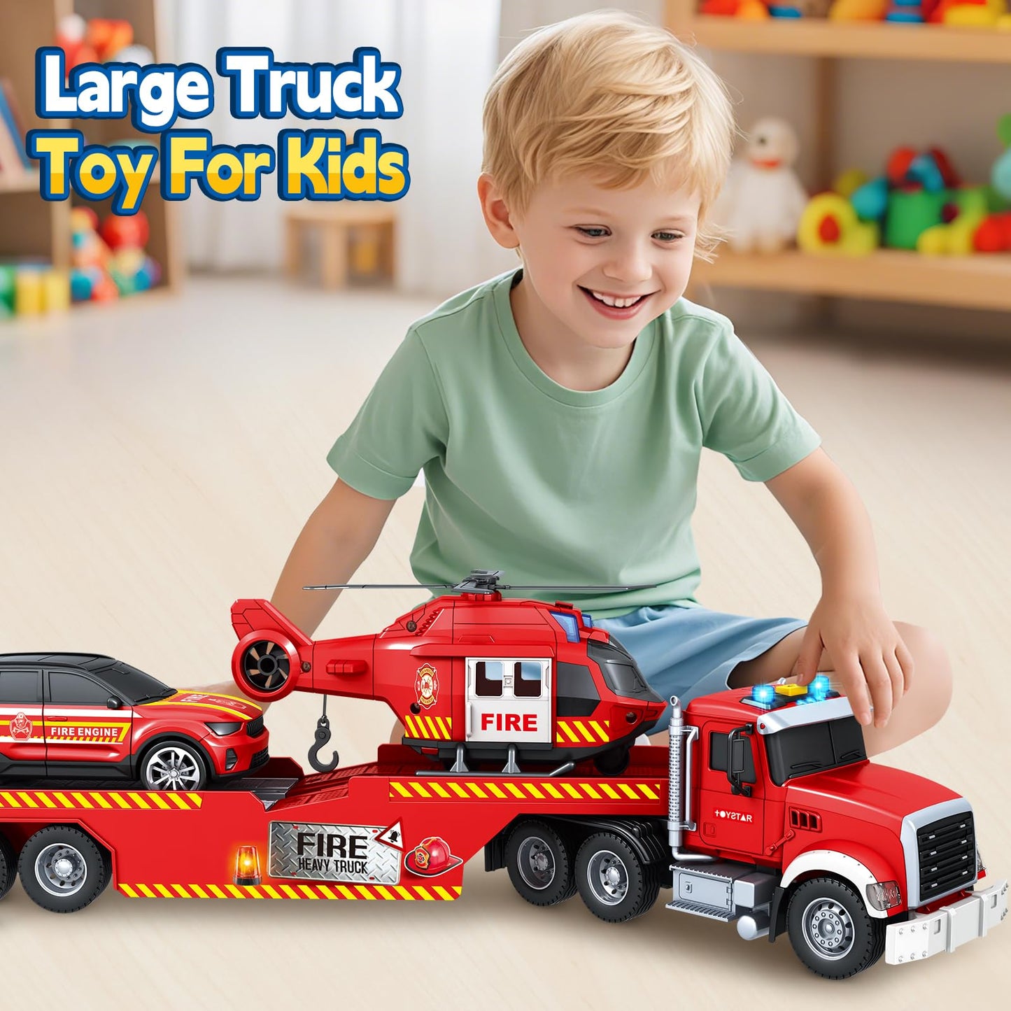 SpringFlower Extra Large Fire Truck Toy — 3-in-1 with Racing Car & Helicopter for Toddlers 3-7