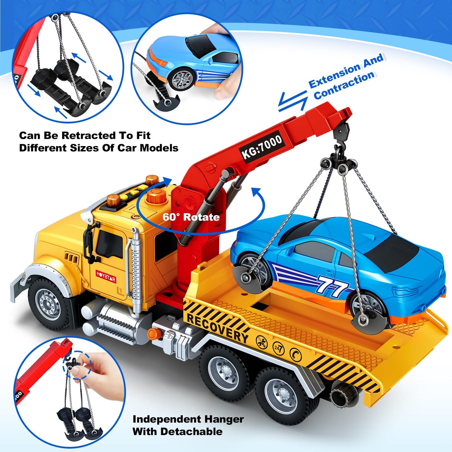 SpringFlower 15-inch Large Tow Truck Toy with Crane, Race Car, Lights & Sounds – Gift for Kids Aged 3-8
