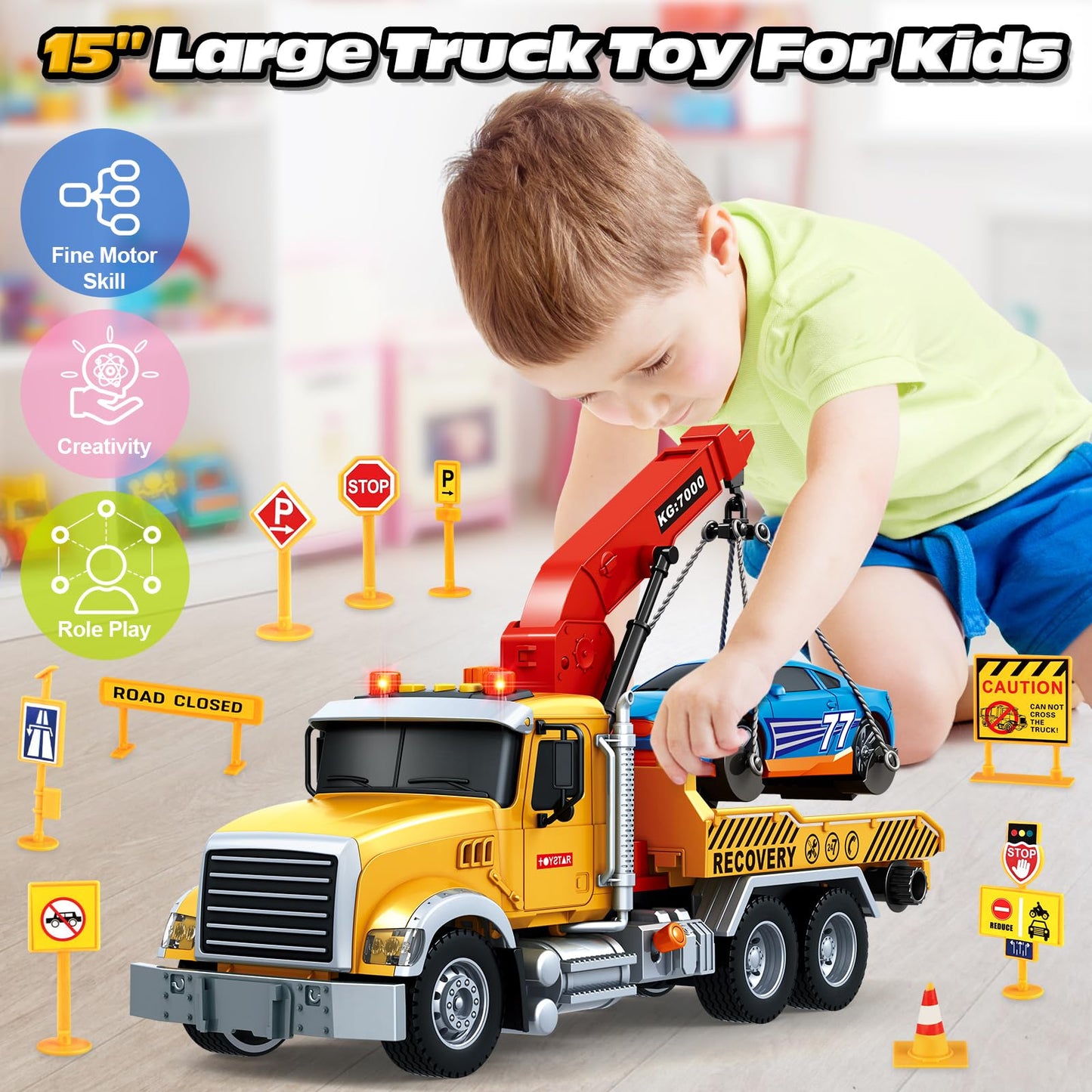 SpringFlower 15-inch Large Tow Truck Toy with Crane, Race Car, Lights & Sounds – Gift for Kids Aged 3-8
