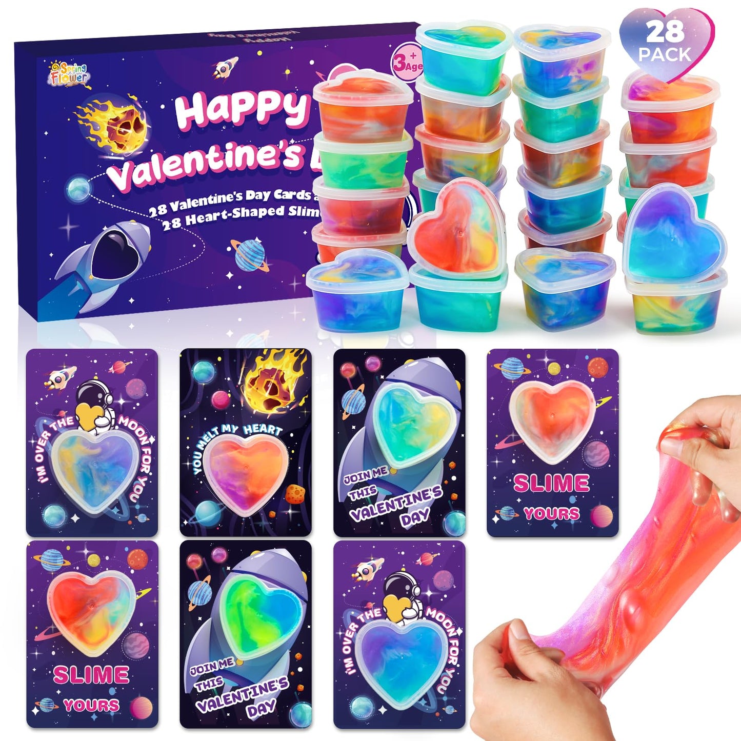SpringFlower 28-Pack Valentine Cards with Galaxy Slime Kit – Classroom Gifts