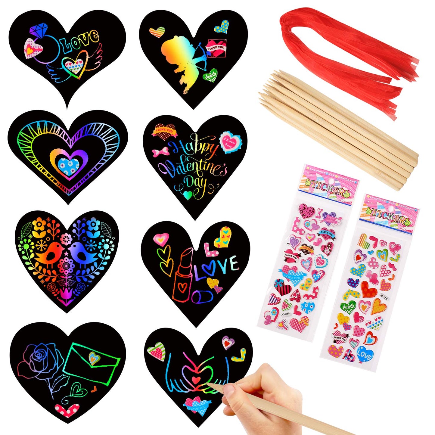 SpringFlower Valentine Scratch Paper Ornaments Kit – 28 Heart-Shaped Cards, Ribbons, Styluses & 2 Puffy Stickers