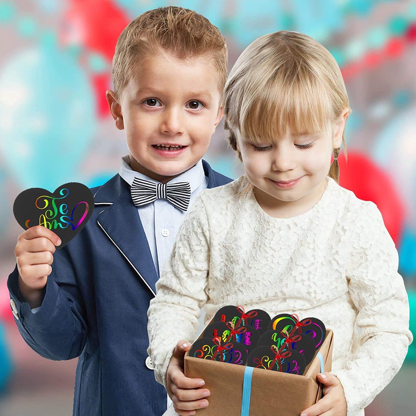 SpringFlower Valentine Scratch Paper Ornaments Kit – 28 Heart-Shaped Cards, Ribbons, Styluses & 2 Puffy Stickers