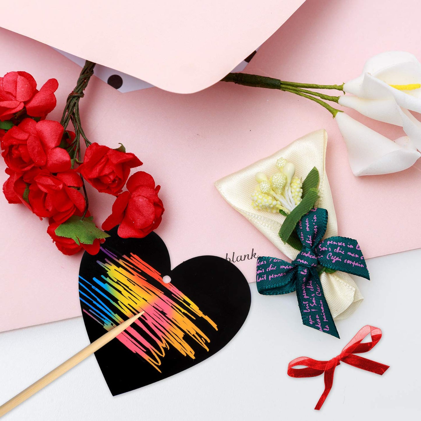SpringFlower Valentine Scratch Paper Ornaments Kit – 28 Heart-Shaped Cards, Ribbons, Styluses & 2 Puffy Stickers
