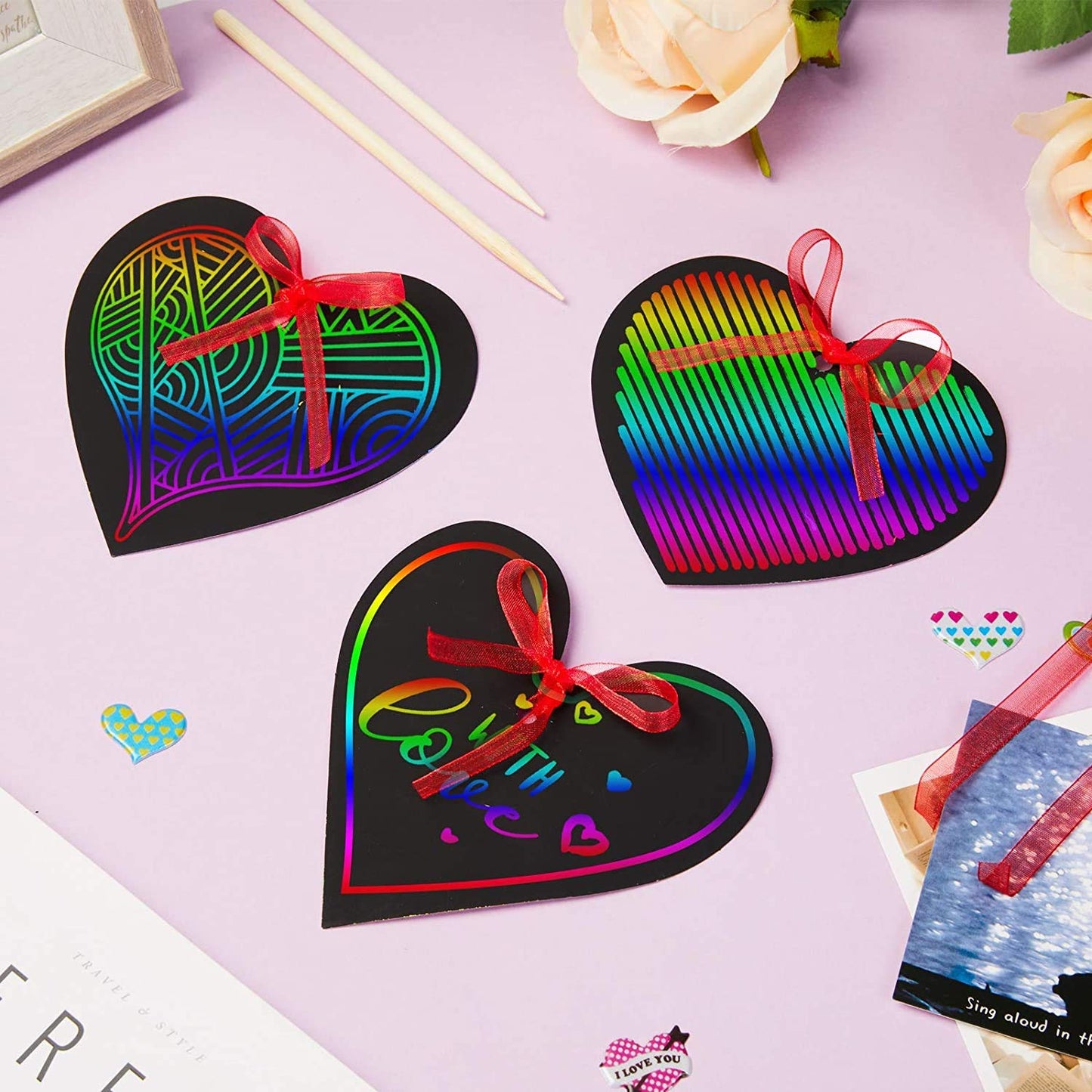 SpringFlower Valentine Scratch Paper Ornaments Kit – 28 Heart-Shaped Cards, Ribbons, Styluses & 2 Puffy Stickers