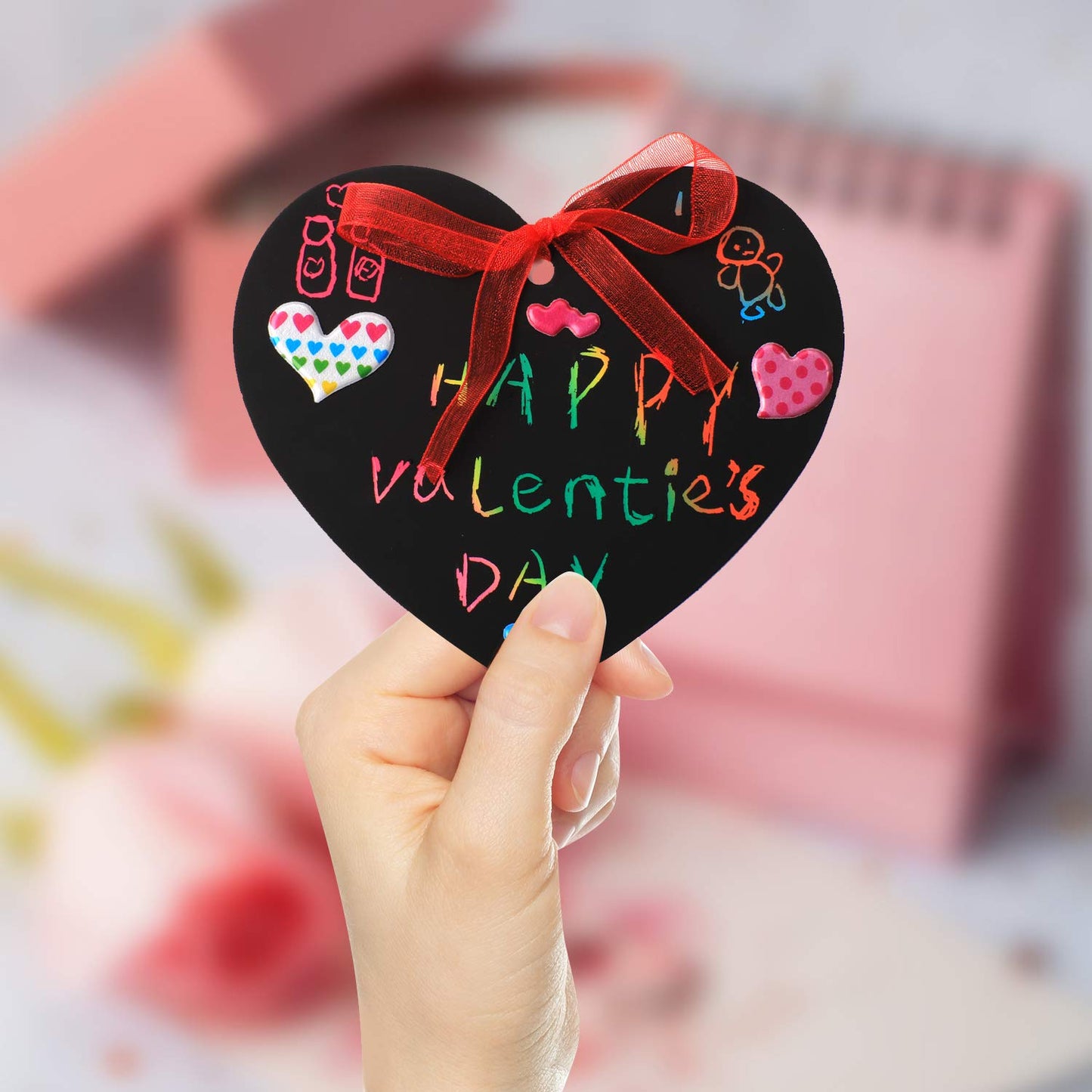 SpringFlower Valentine Scratch Paper Ornaments Kit – 28 Heart-Shaped Cards, Ribbons, Styluses & 2 Puffy Stickers