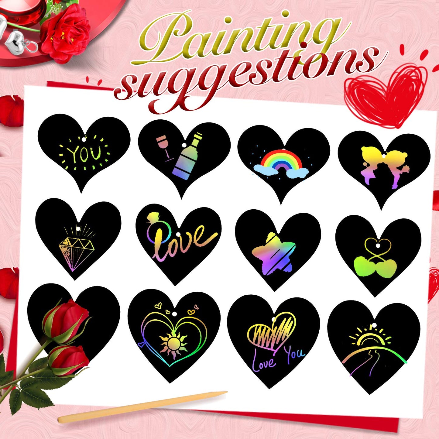 SpringFlower Valentine Scratch Paper Ornaments Kit – 28 Heart-Shaped Cards, Ribbons, Styluses & 2 Puffy Stickers