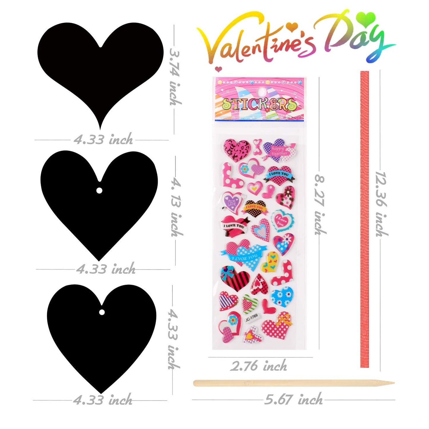SpringFlower Valentine Scratch Paper Ornaments Kit – 28 Heart-Shaped Cards, Ribbons, Styluses & 2 Puffy Stickers