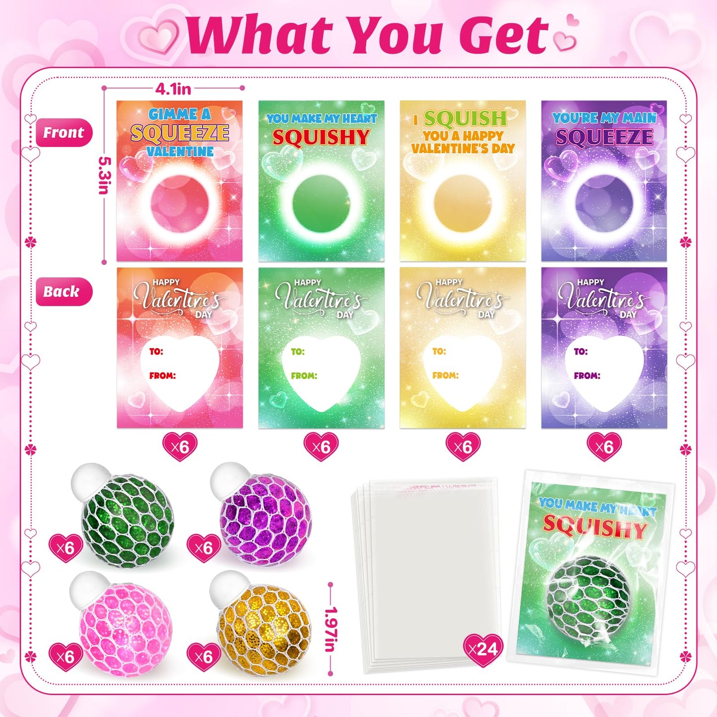 SpringFlower 24-Pack Valentines Day Cards with Squeeze Ball – Classroom Gift Set