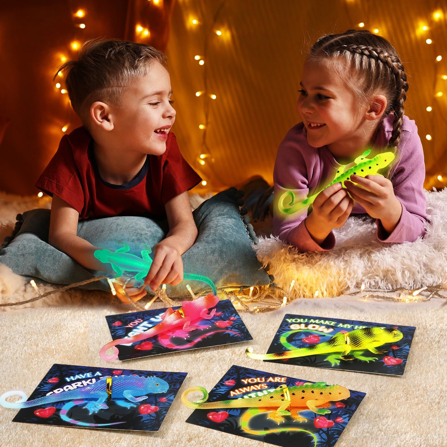 SpringFlower 24-Pack Valentines Cards with Glow-in-the-Dark Lizards