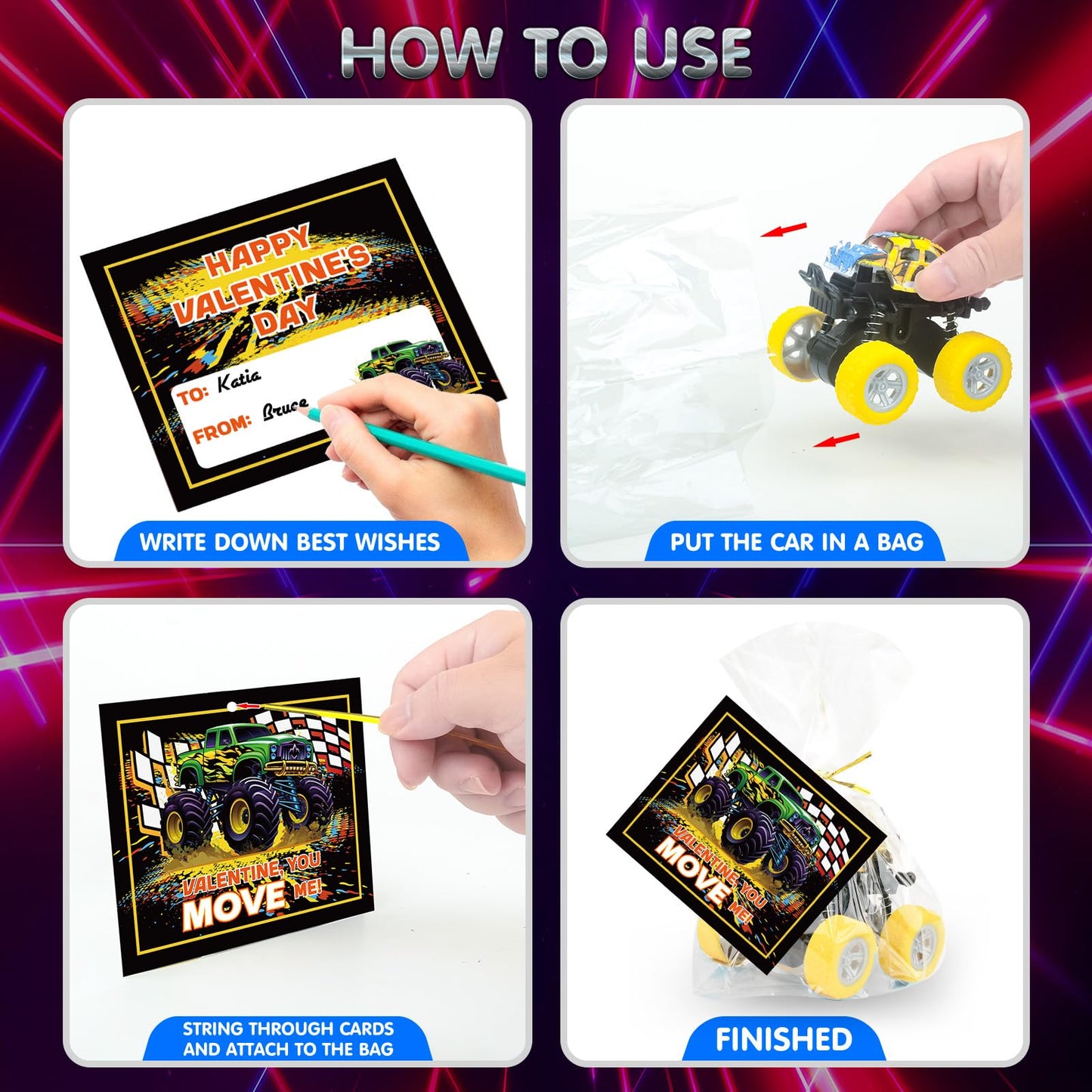 SpringFlower 24-Pack Valentines Cards with Monster Truck Toy – Classroom Gift Set for Kids