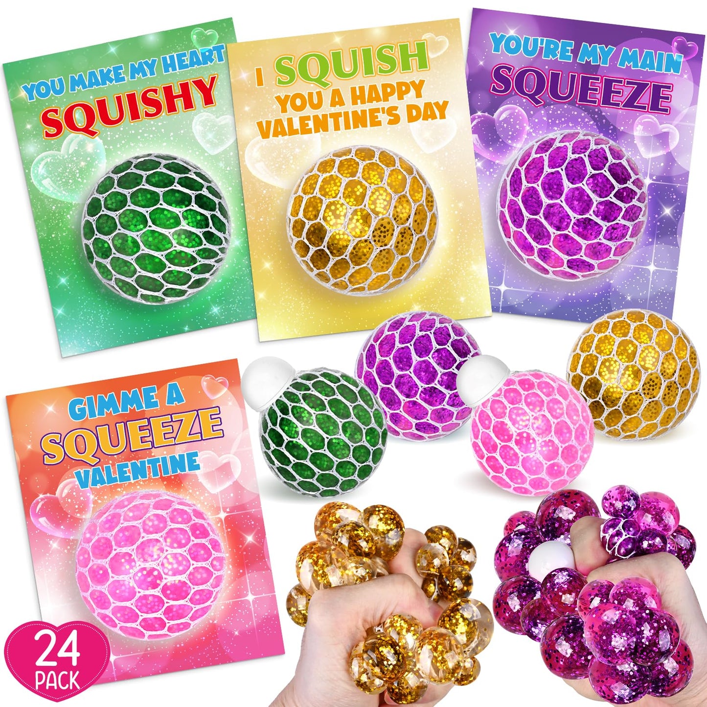 SpringFlower 24-Pack Valentines Day Cards with Squeeze Ball – Classroom Gift Set