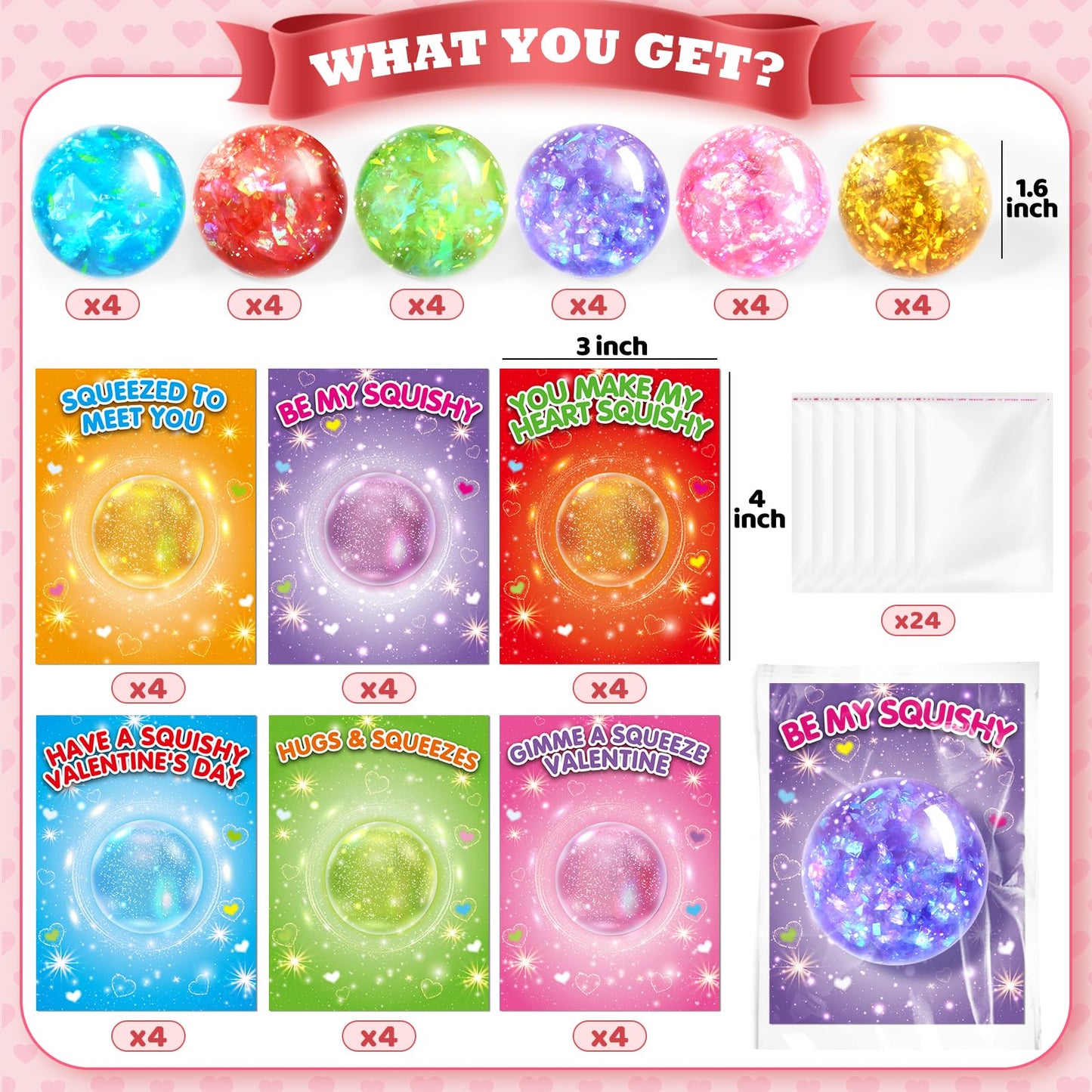 SpringFlower Valentines Cards for Kids with Stretchy Balls - 24 Pack