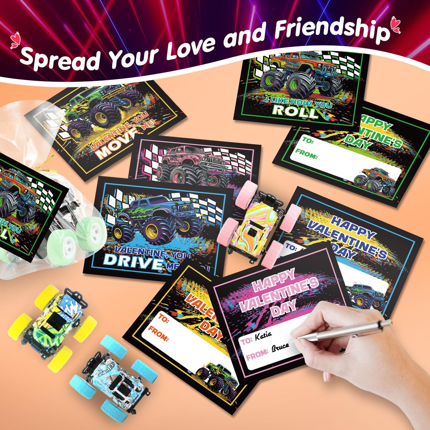SpringFlower 24-Pack Valentines Cards with Monster Truck Toy – Classroom Gift Set for Kids