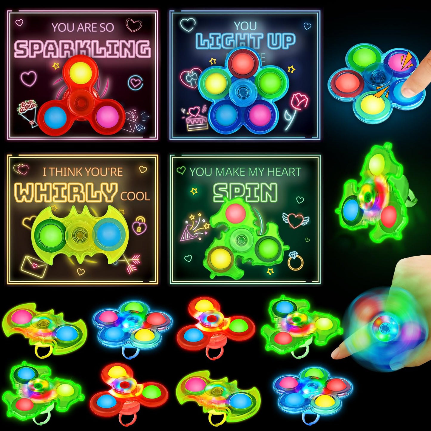SpringFlower Valentines Day Gifts for Kids – 24 Pack Cards with Light Up Rings & Fidget Spinner Toys