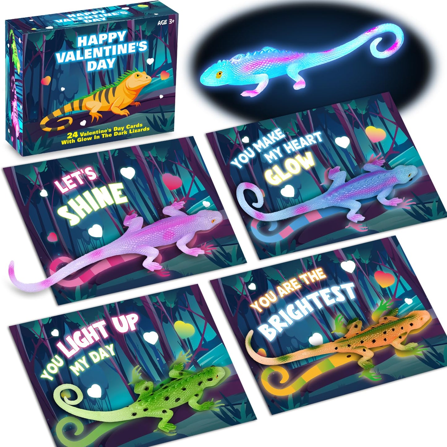 SpringFlower Valentines Day Cards for Kids — 24 Glow-in-the-Dark Lizard Set