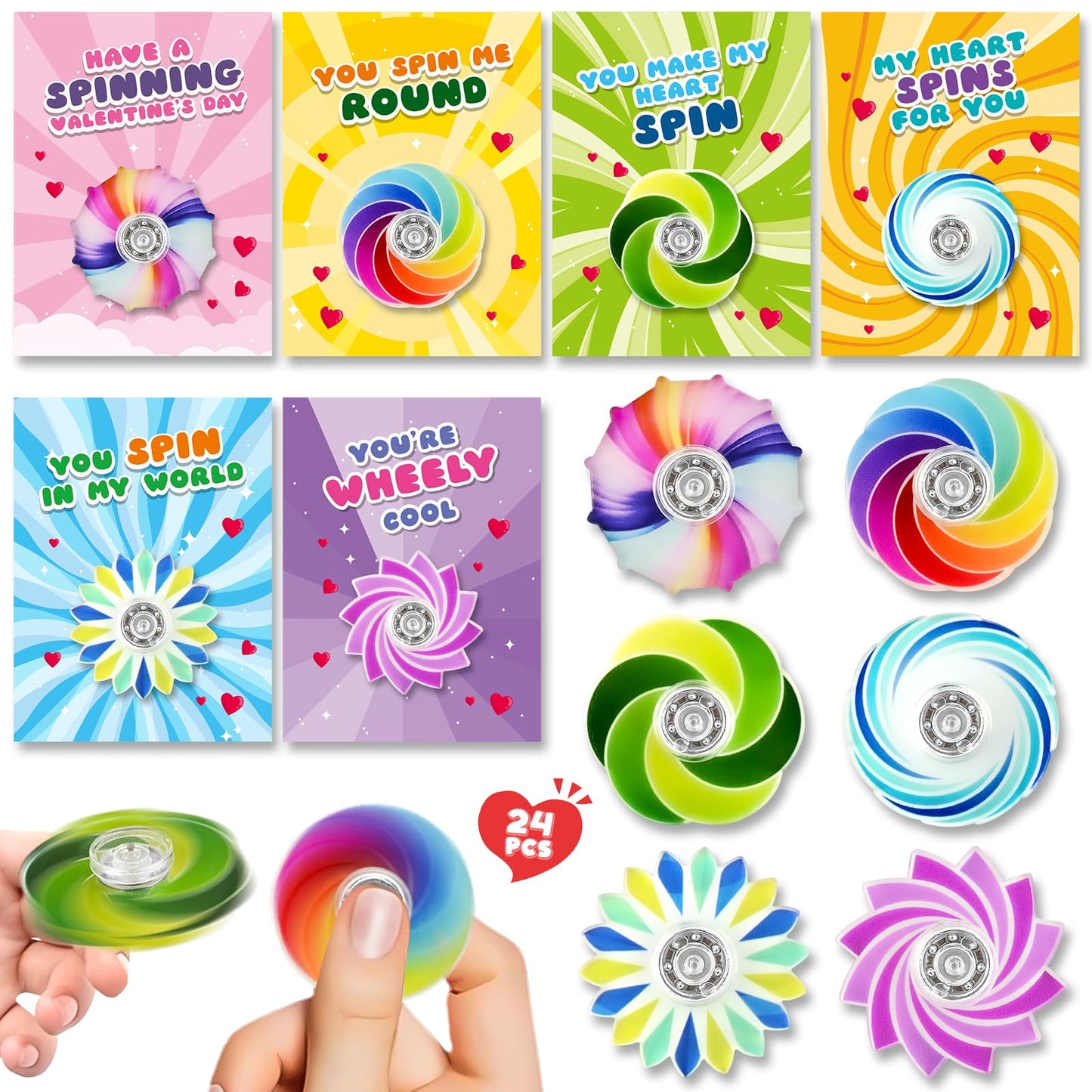 SpringFlower Valentines Day Cards for Kids with Fidget Spinner Toys – 24 Pack Classroom Gifts & Party Favors