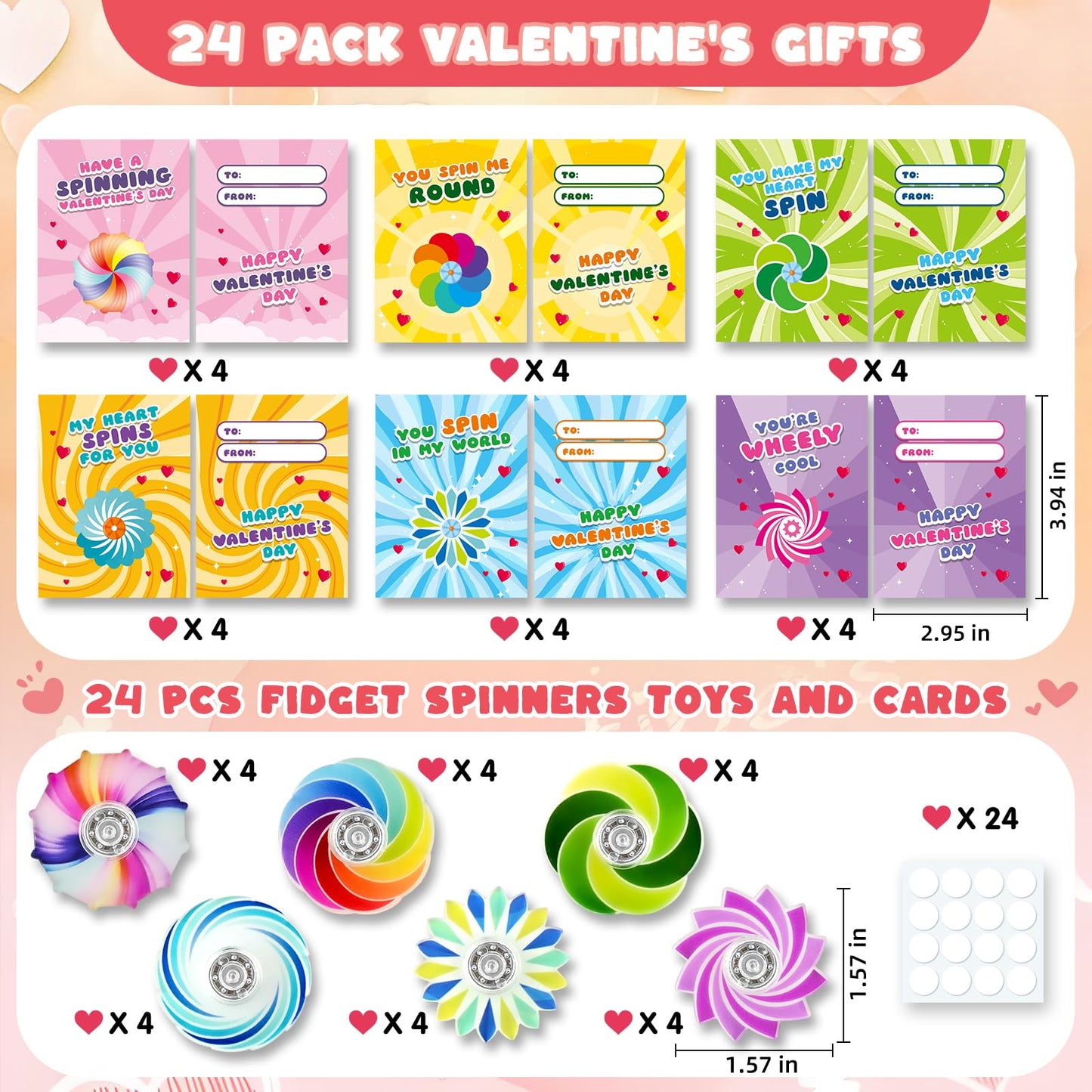 SpringFlower Valentines Day Cards for Kids with Fidget Spinner Toys – 24 Pack Classroom Gifts & Party Favors