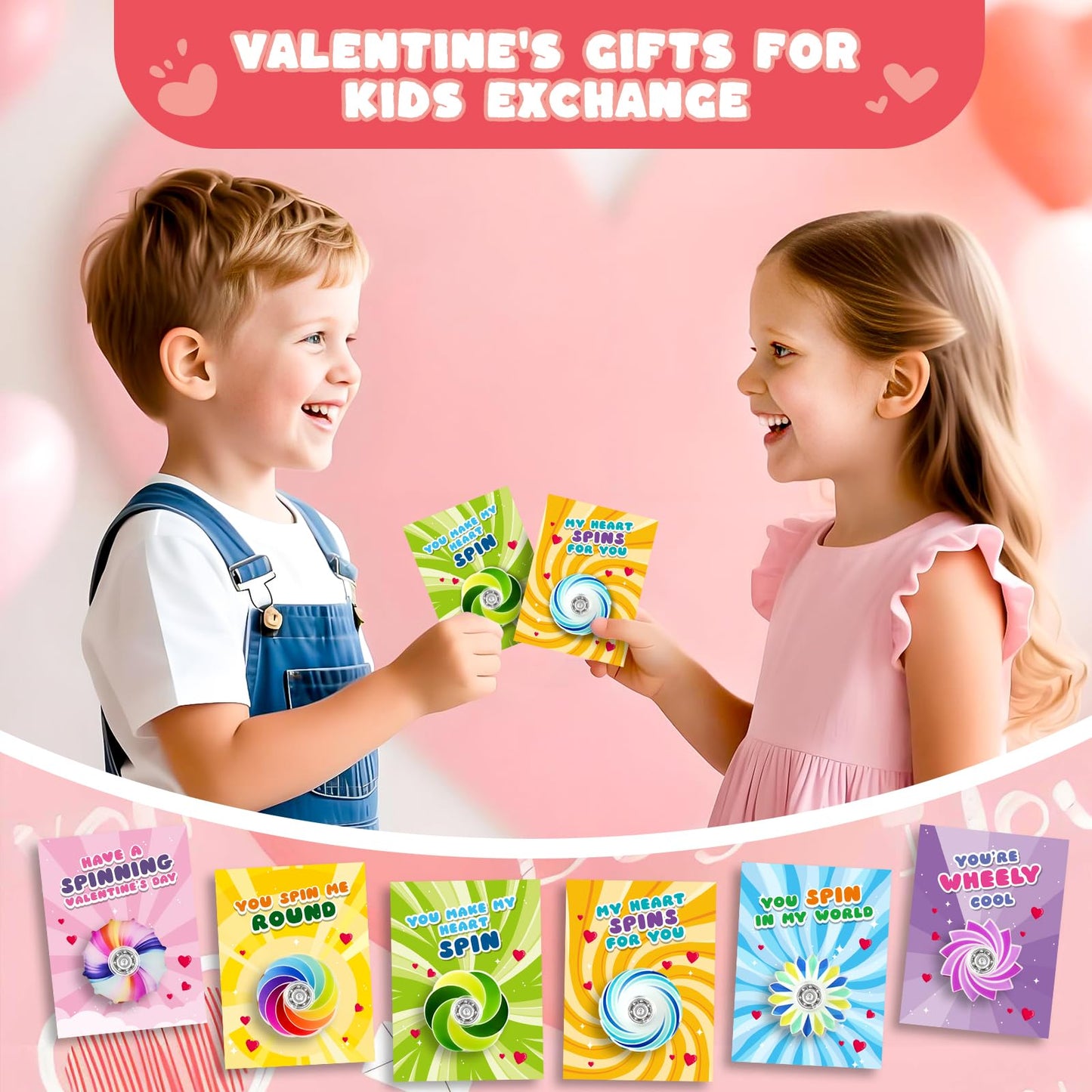SpringFlower Valentines Day Cards for Kids with Fidget Spinner Toys – 24 Pack Classroom Gifts & Party Favors